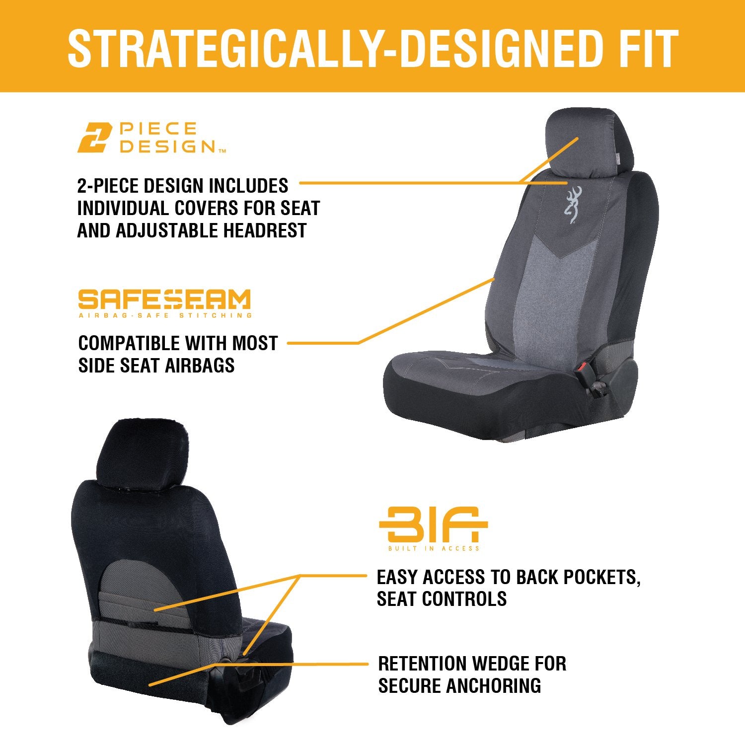 Browning Universal Water Resistant Front & Bench Seat Covers, Single, Chevron (Heather Black), Model C000118800299