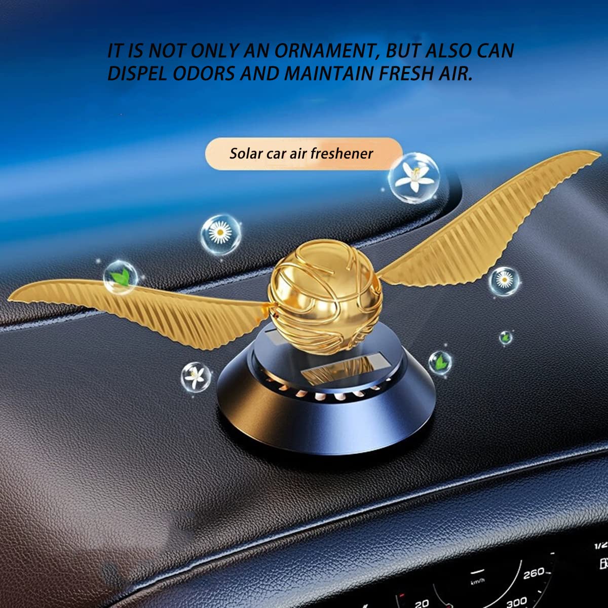 Kwak's Solar Car Air Freshener with Swinging Wings, Gold, 1 Count, Model QTT285-US, Auto Decoration Accessories