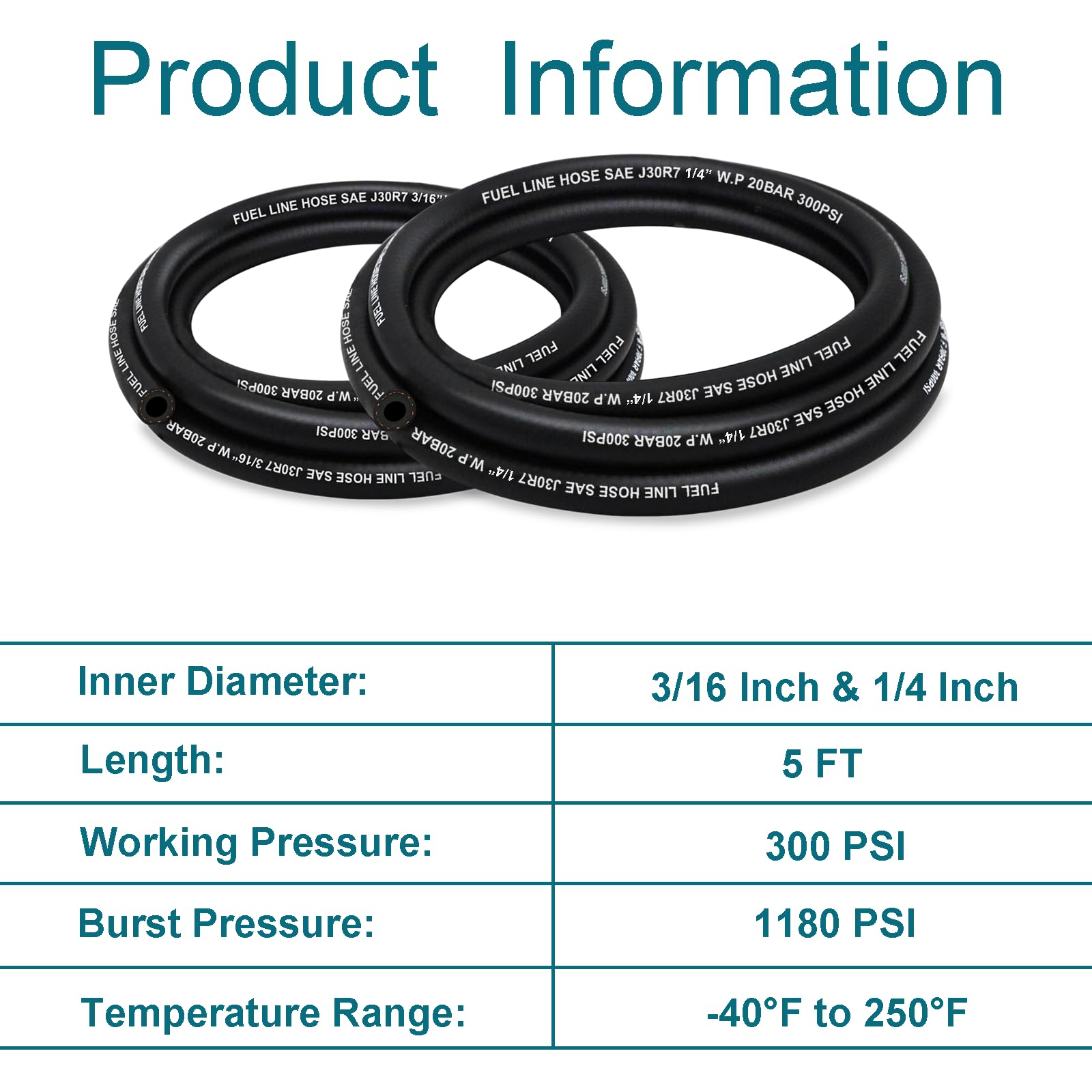 Housun Fuel Line 3/16 1/4 Inch Id, Fuel Hose 5Ft 300Psi High-Pressure With 8 Clamps., J30R7 Fuel Line Hose Nbr.