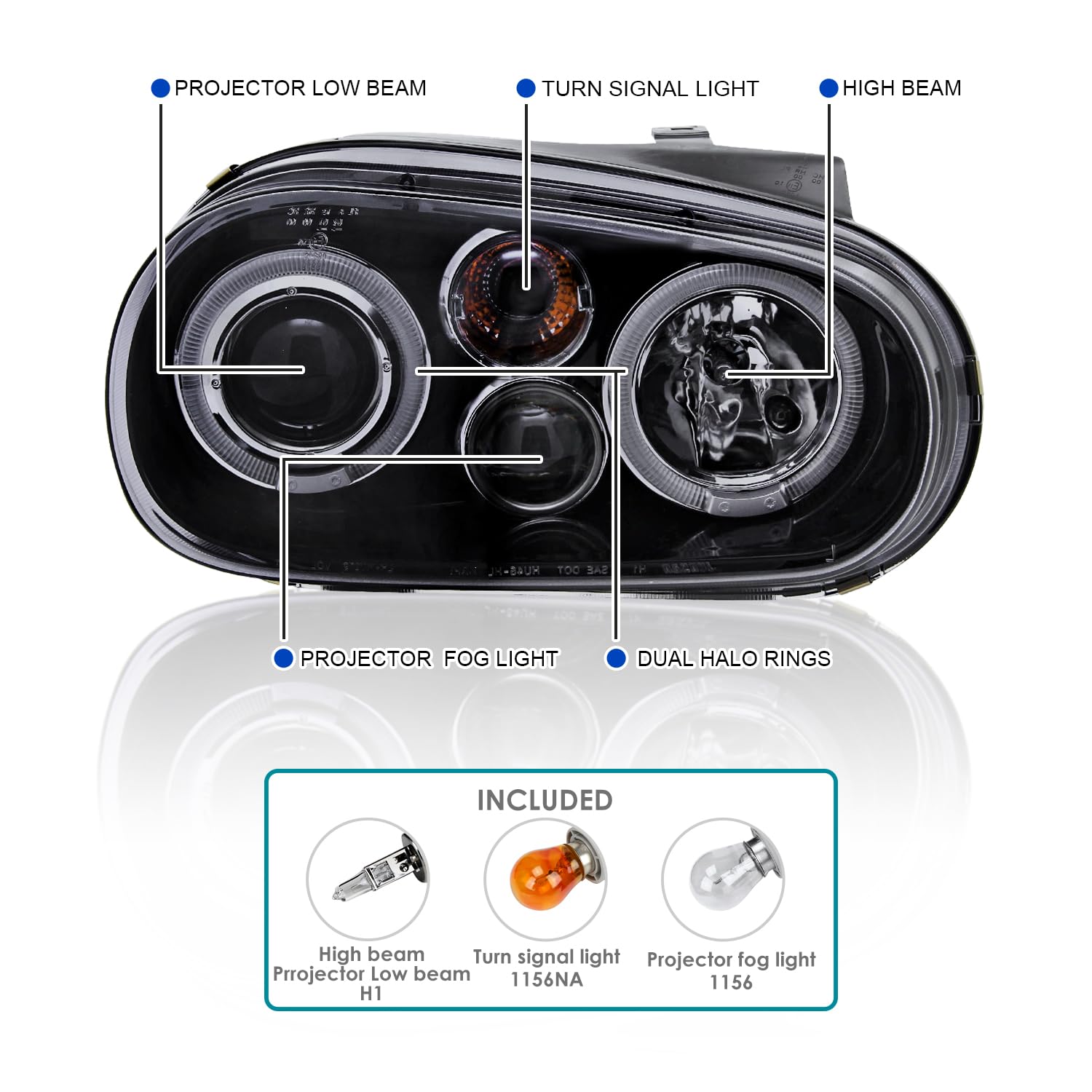 SPEC-D TUNING Dual Halo Projector Headlights for 1999-2006 VW Golf/GTI, Black Housing, Smoke Lens, Model LHP-GLF99G-TM