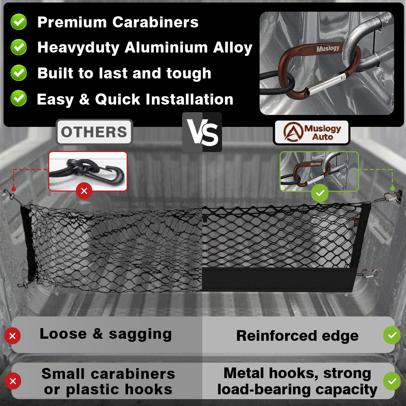 Muslogy Black Truck Bed Cargo Net for 2015-2022 Chevy Colorado & GMC Canyon - Heavy Duty with Carabiners & Tie Down Anchors