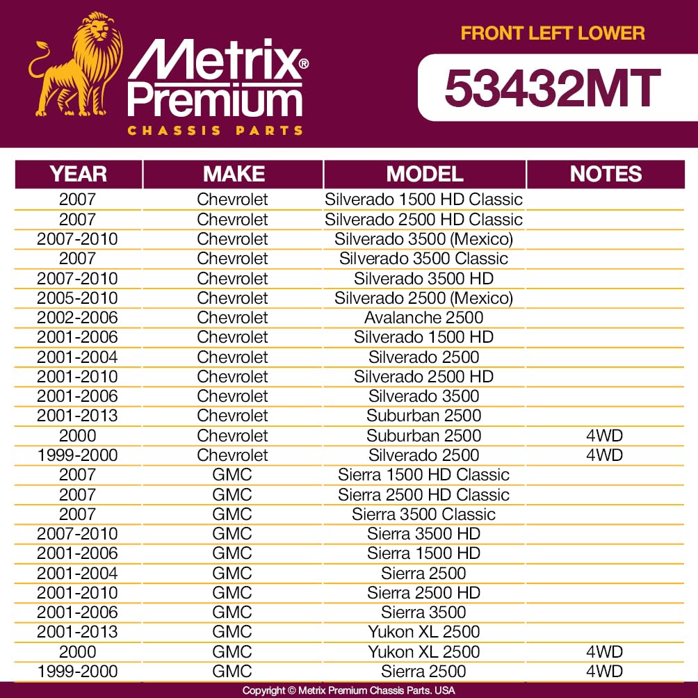 Metrix Premium Chassis Parts - Front Left Lower Control Arm W Ball Joint & Bushing Assembly Fits 01-06 Chevrolet Silverado 3500,