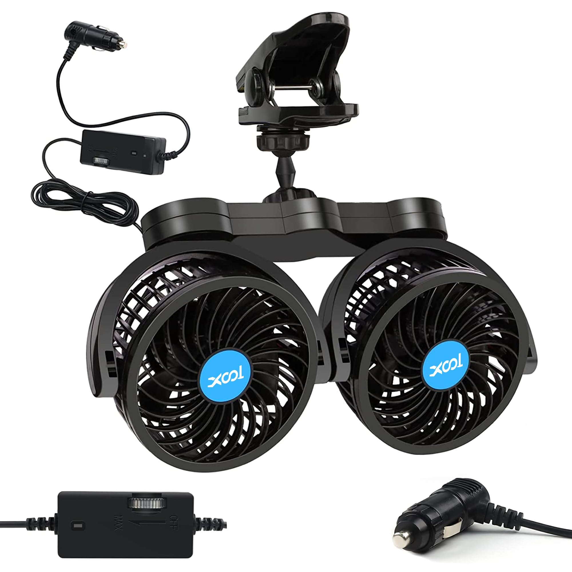 Xool Clip Car Fan, Adjustable Dual Head 4 Inches 12V Fan For Front/Rear Seat Passenger, 360 Rotatable Electric Car Cooling Fans