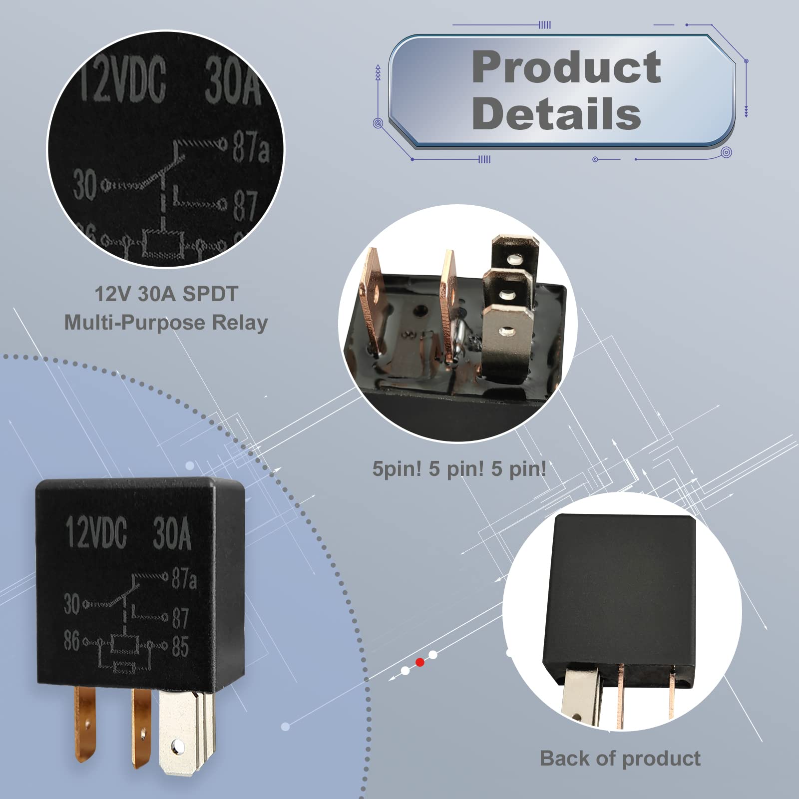 2Pcs 5 Pin 12V 30A Relay, Multi Purpose Automotive Relay Black Starter Relay, Car Starter Switch Relays, High Performance Starte