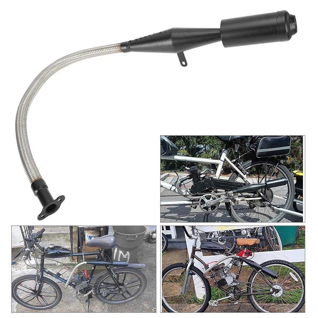 FVRITO Stainless Steel Exhaust Muffler Pipe Silencer Gasket for 2 Stroke 49cc-100cc Engine Gas Motorized Bicycle - Black, Model PQG022-TH