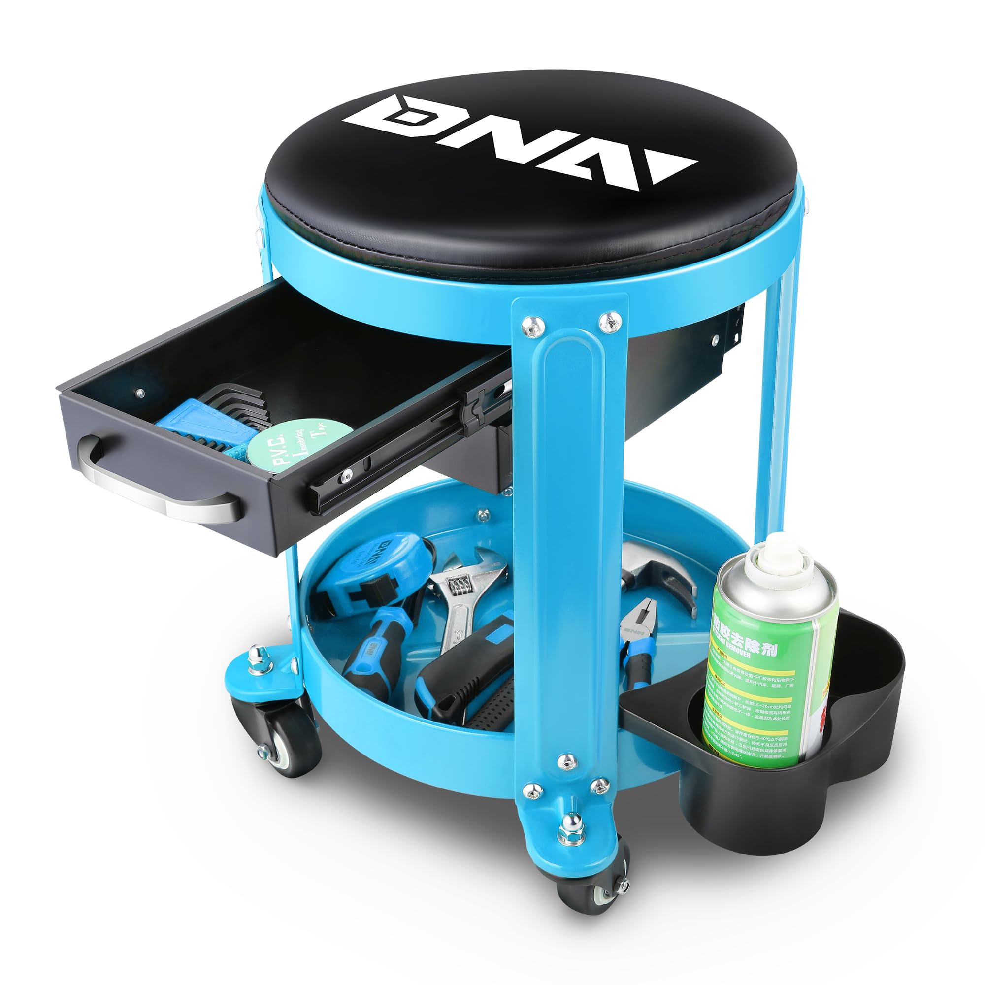 Dna Motoring Round Mechanics Roller Seat Creeper Stool With Padded Cushion, Tool Storage Drawer & Tray, 300 Lbs Max Weight Capac
