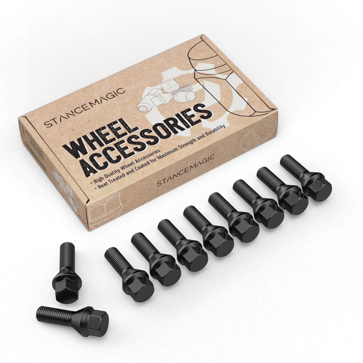 10Pcs Extended Black 12X1.5 Lug Bolts (30Mm Shank Length, Cone Seat) Not Oem Length - Compatible With Bmw 128I 135I 318I 320I 325I 328I 335I M3 525I 528I 530I 535I M5 Z3 Z4 E36 E46 E60 E90 E92 E93