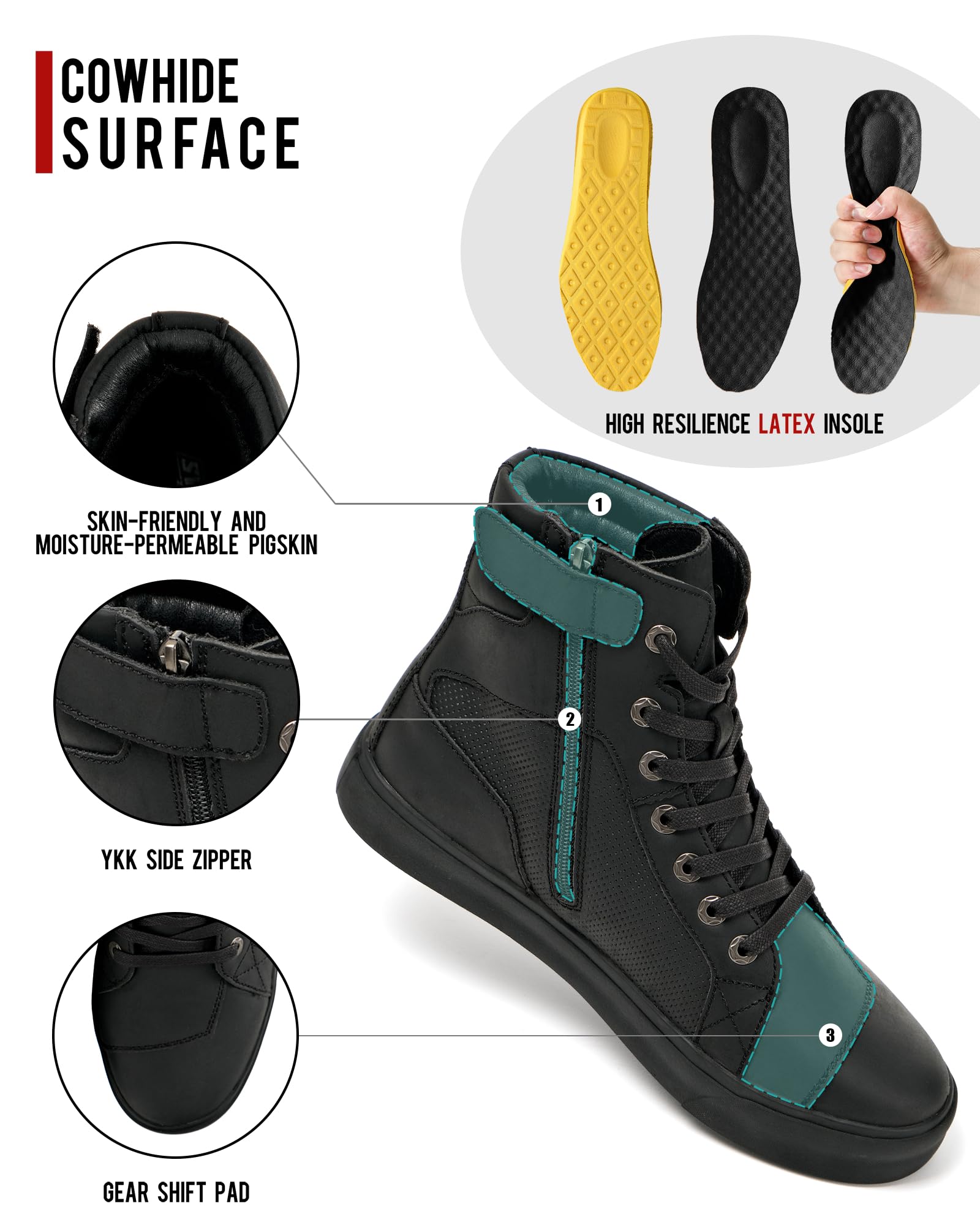 BORLEN Motorcycle Riding Shoes Cowhide Leather Breathable Casual Outdoor Street Motorcycle Boots for Men Black 10