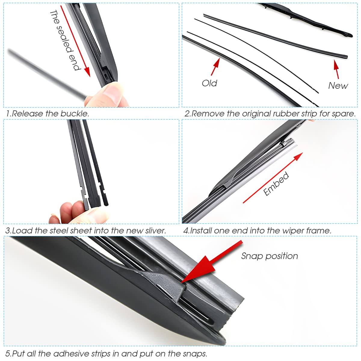 AUKEPO 22 Adjustable Windshield Wiper Blades Refills - Frameless Silicone Strips for Most Vehicles - Universal Auto Accessories