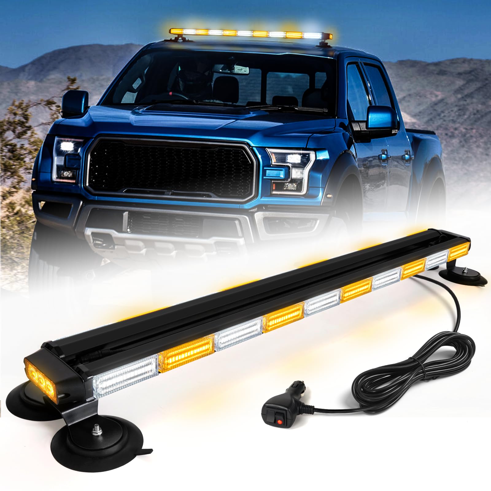 LRTER 42 Roof Top Strobe Light Bar Amber White Emergency Traffic Advisor Lights, Double Side Warning Safety Flashing w/Magnetic 