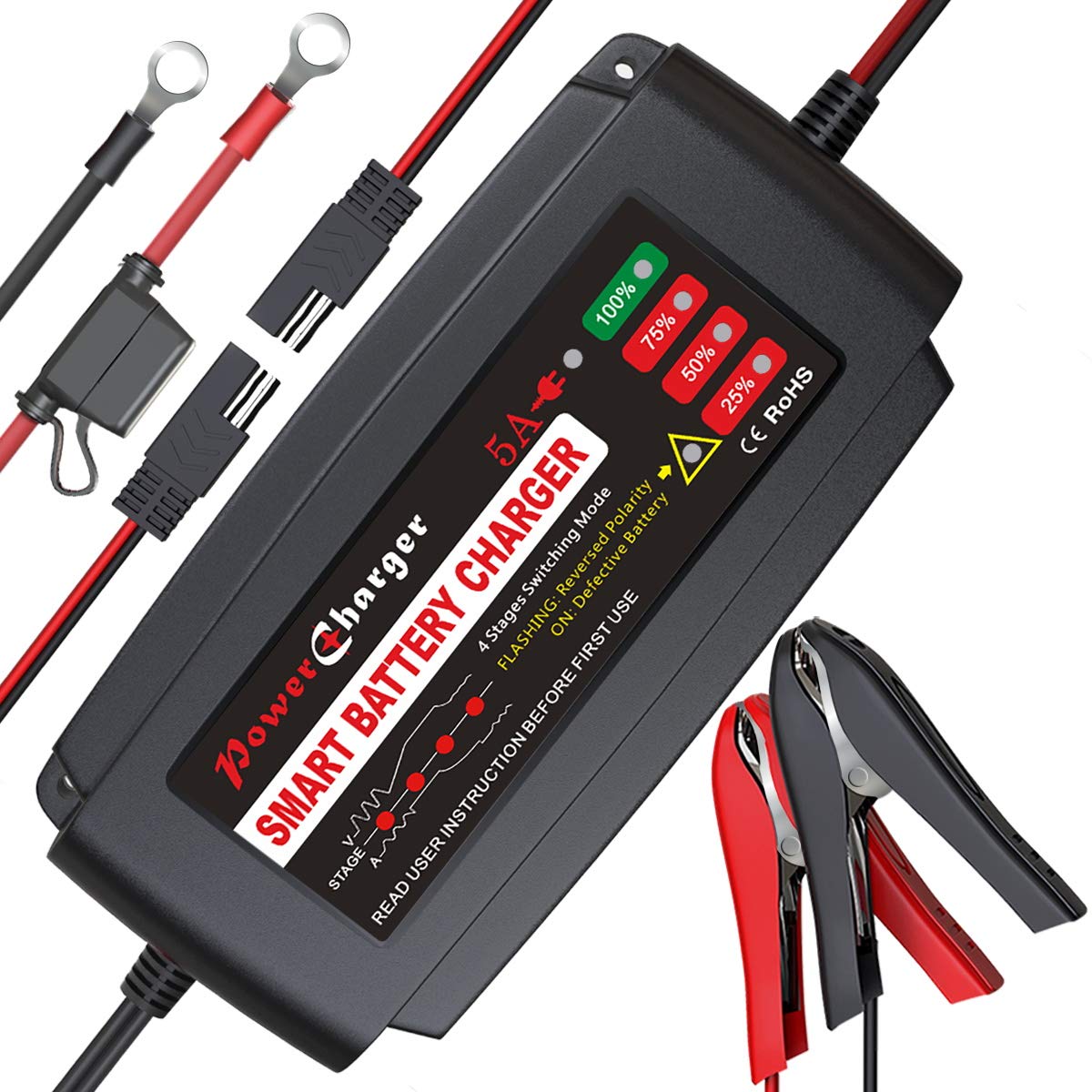 Bmk 12V 5A Smart Battery Charger Portable Battery Maintainer With Detachable Alligator Rings Clips Fast Charging Trickle Charger