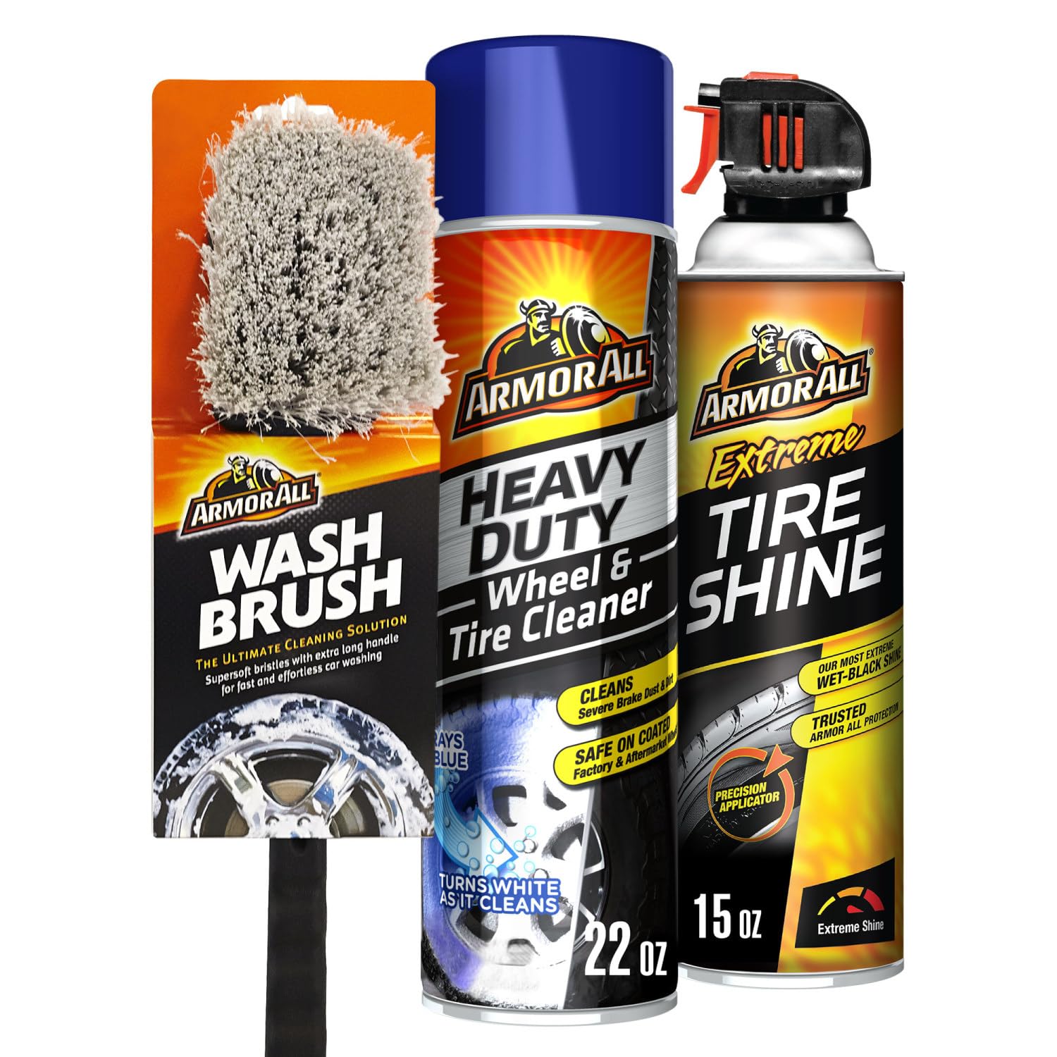 Armor All Wheel and Tire Cleaner and Tire Shine Kit, Heavy Duty Car Wheel Cleaner, Extreme Tire Shine Spray and Wash Brush - 3 C