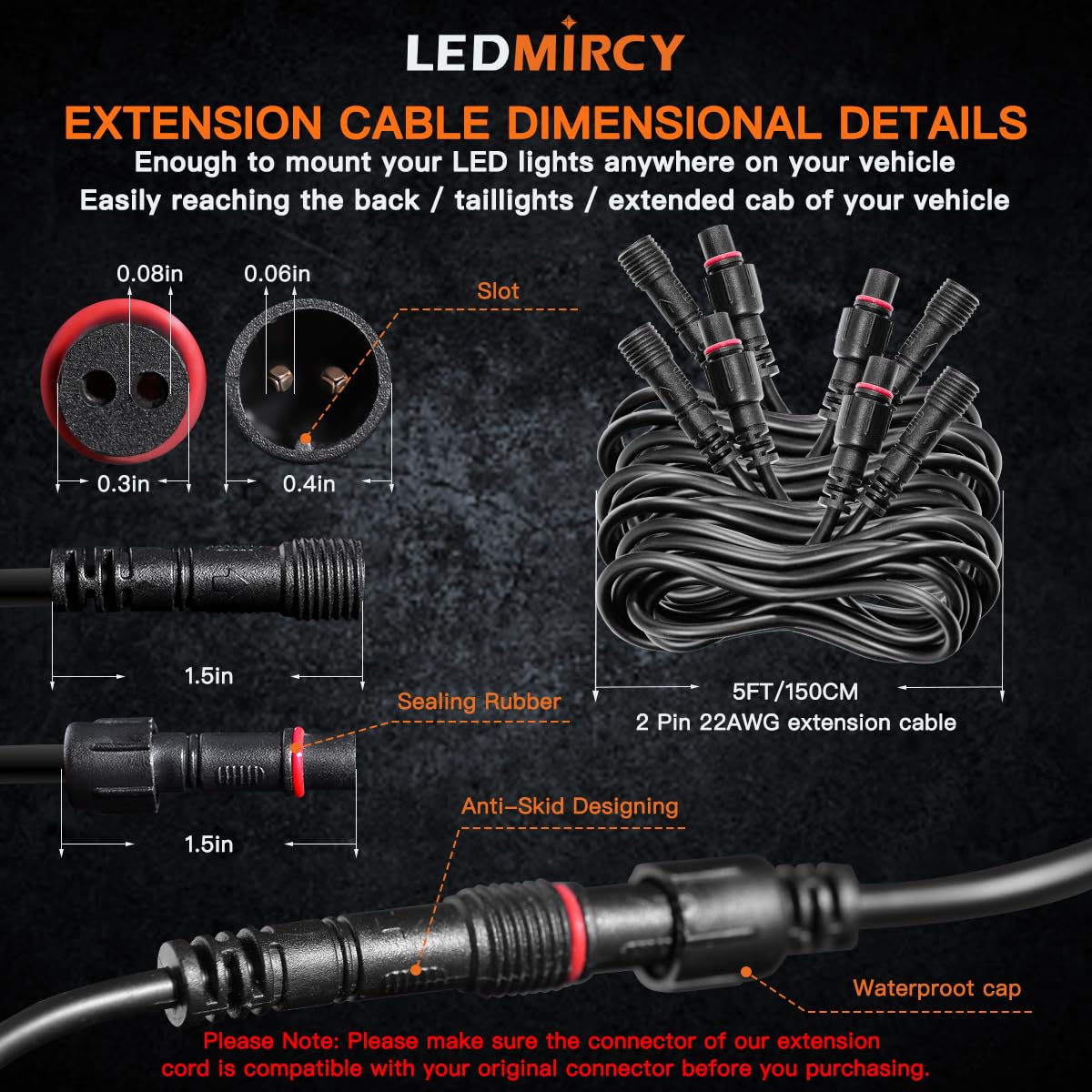 LEDMIRCY LED Rock Lights Extension Cable 2Pin 5ft 22AWG PVC Waterproof 4PCS for Truck Wheel Spot Flood Lights