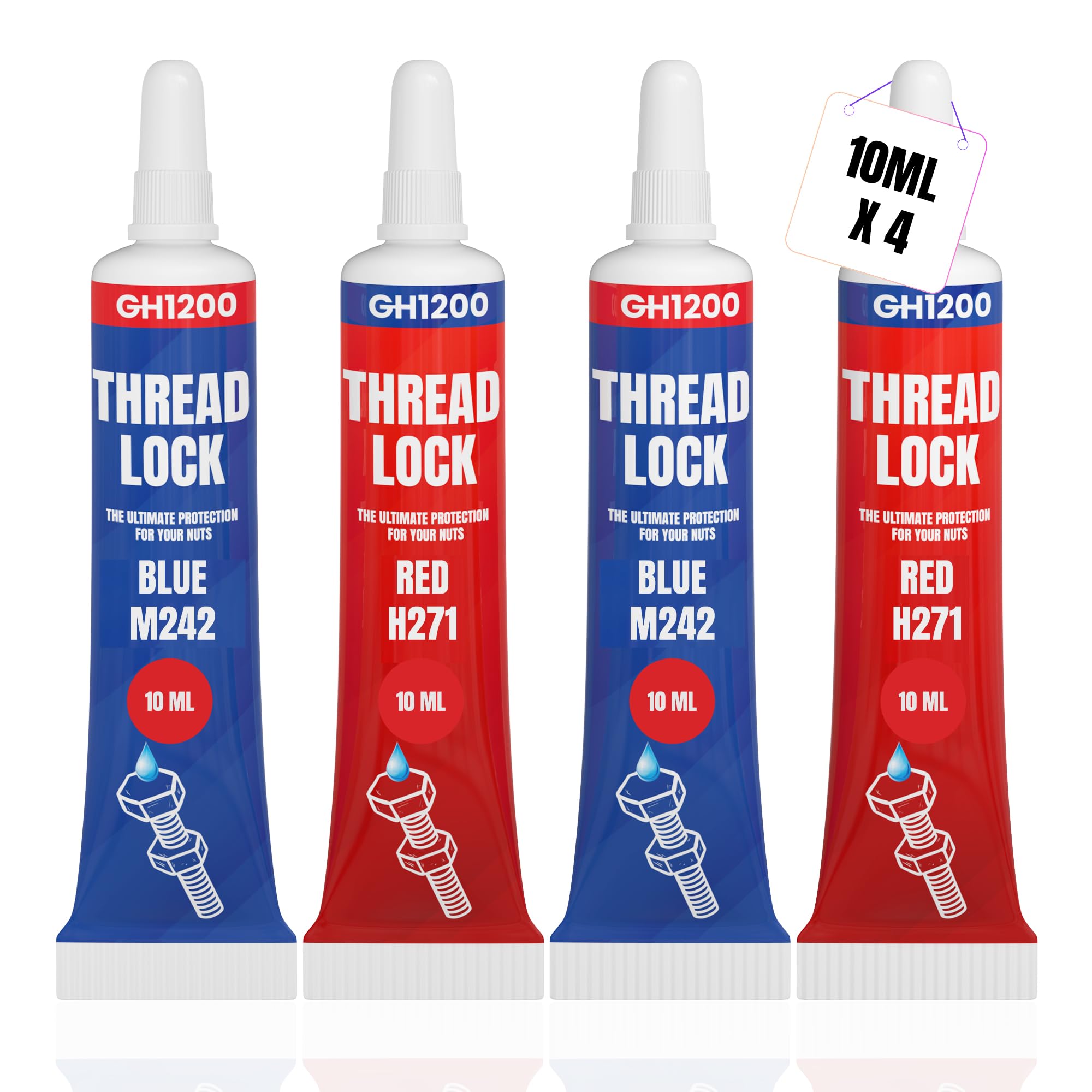 Gh1200-10Ml X 4 Pack Thread Lock Medium & Strong Strength For Nuts, Bolts, And Metals, Threadlocker Lock Tight & Seal Fasteners 