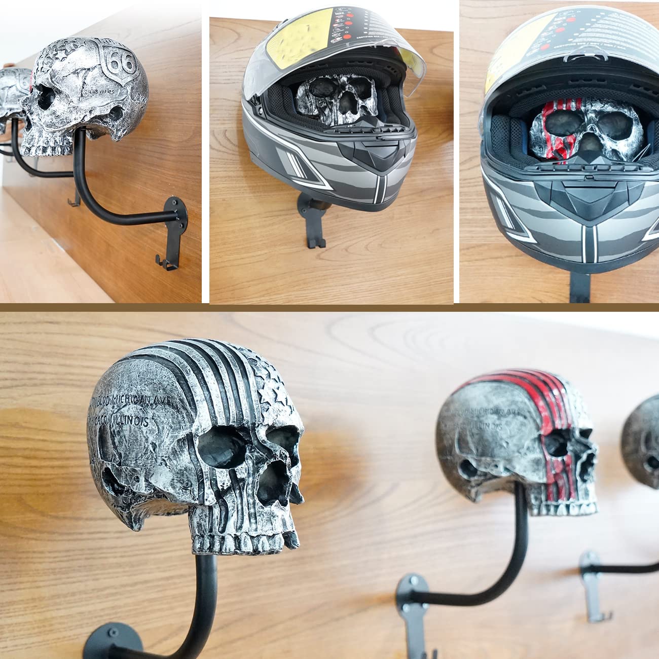 Tooyuart Skull Helmet Holder Wall Mount Rack with 2 Hooks, Black Resin Hanger for Helmets, Coats, Caps, and More