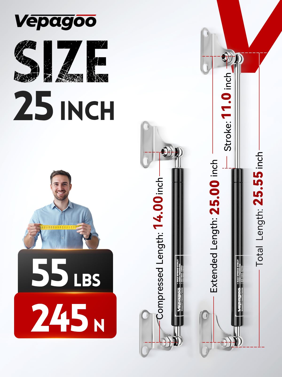 Vepagoo 25 Inch Gas Struts 55Lb/245N Shock With Mounting Brackets, Rv Bed Storage Door Lift Support, Heavy Lid Duty Springs (Fit