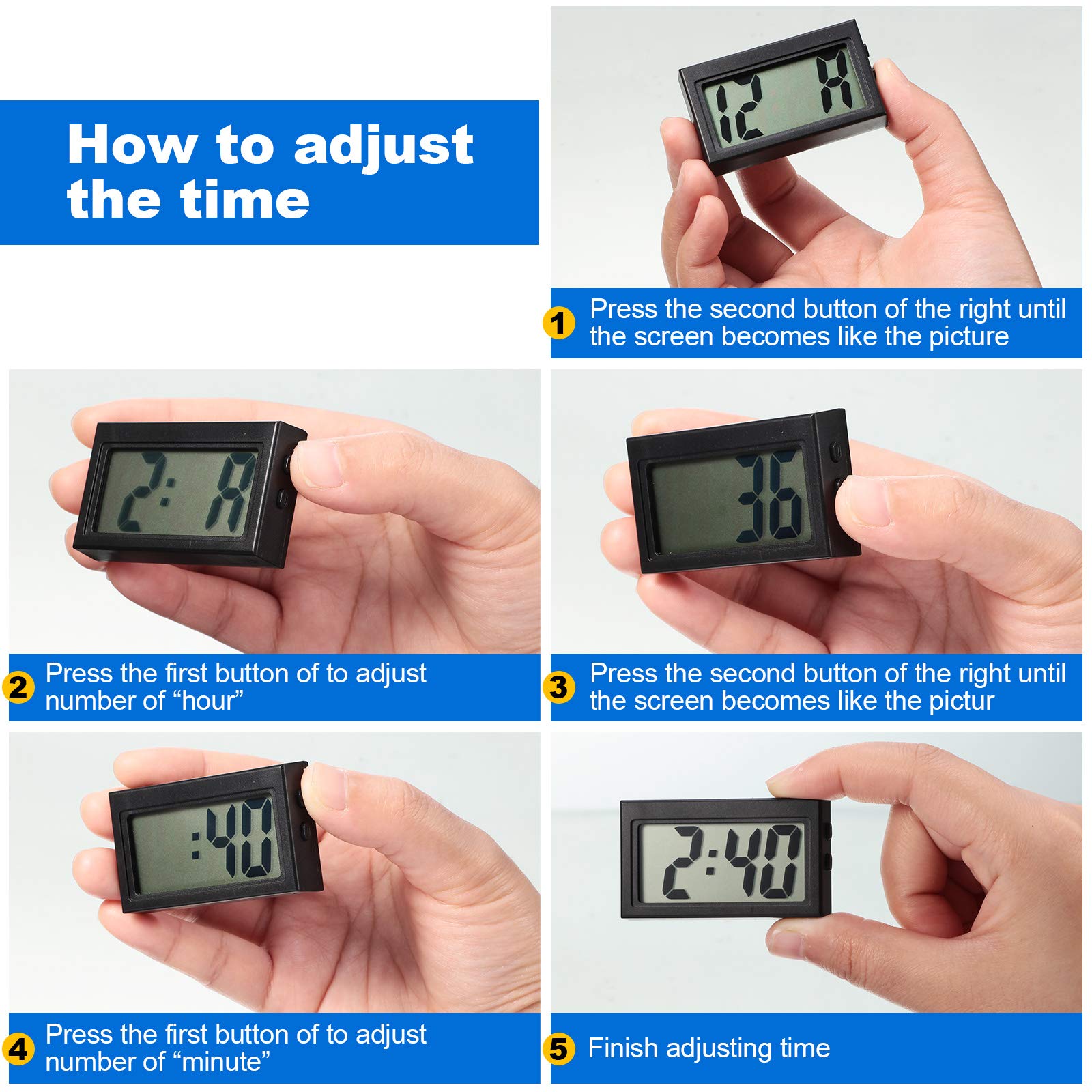 Frienda Mini Digital Clock Small Magnetic Clock Car Dashboard Clock Stick on Clock Self Adhesive Bracket Digital Clock Battery O