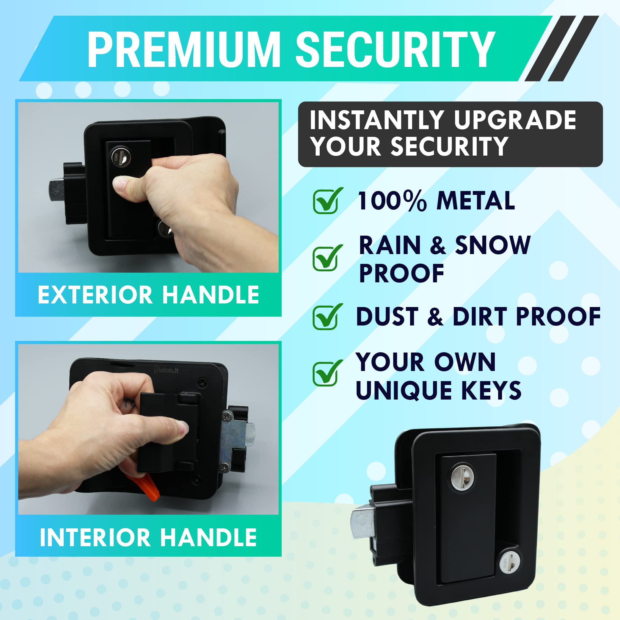 LATCH.IT Black RV Door Latch - 100% Metal Camper Door Lock for 2.75"x3.75" Holes with 4 Keys - Durable Travel Trailer Door Lock