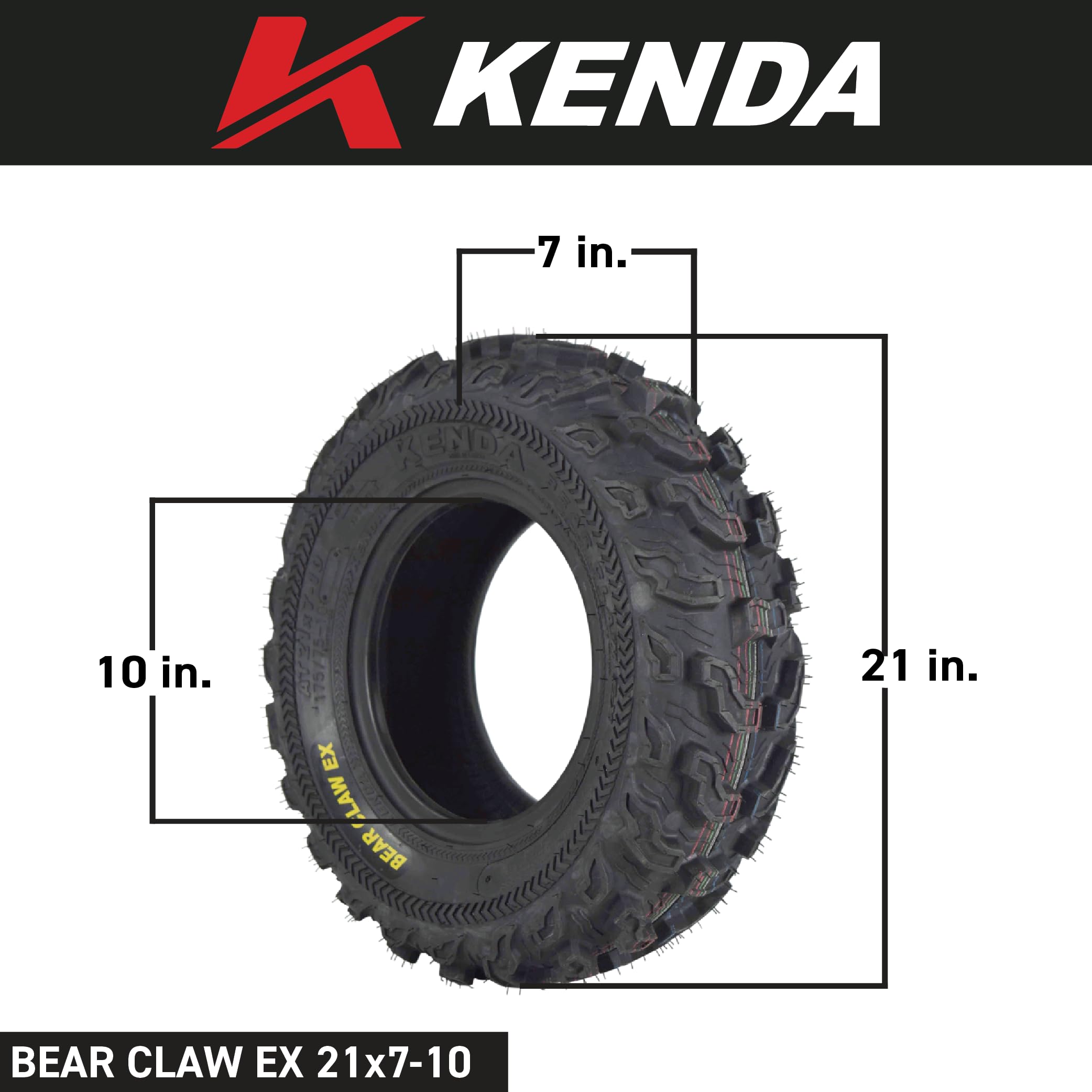 Kenda Bearclaw EX K573 ATV/UTV Front Tire 21x7-10 with TR-6 Inner Tube - All Terrain Performance, Side by Side Ready