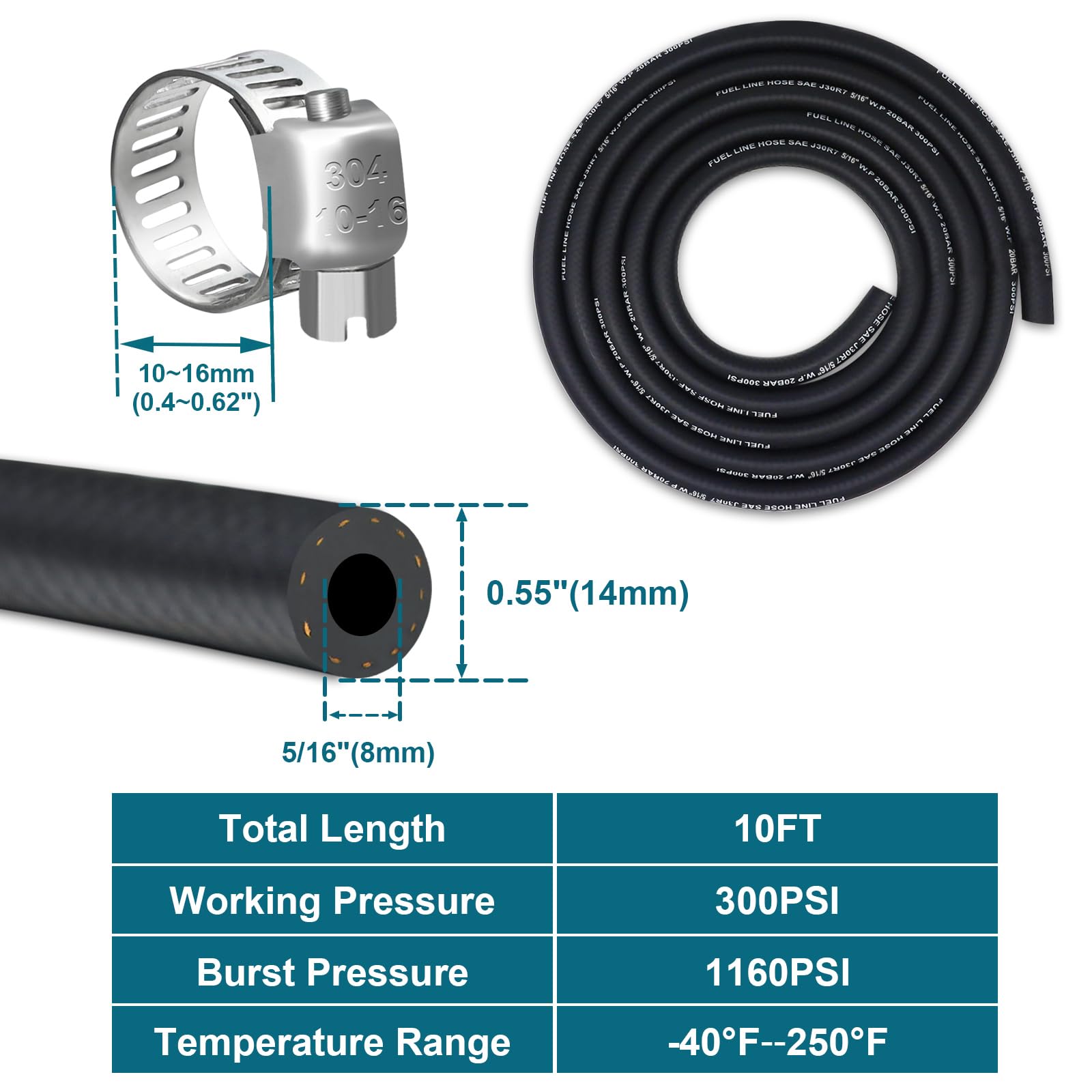Vwtni 5/16 Fuel Hose, 10 Feet Nbr Rubber Gasoline Tube With 10 Pcs Stainless Steel Clamps, Fuel Line Kit