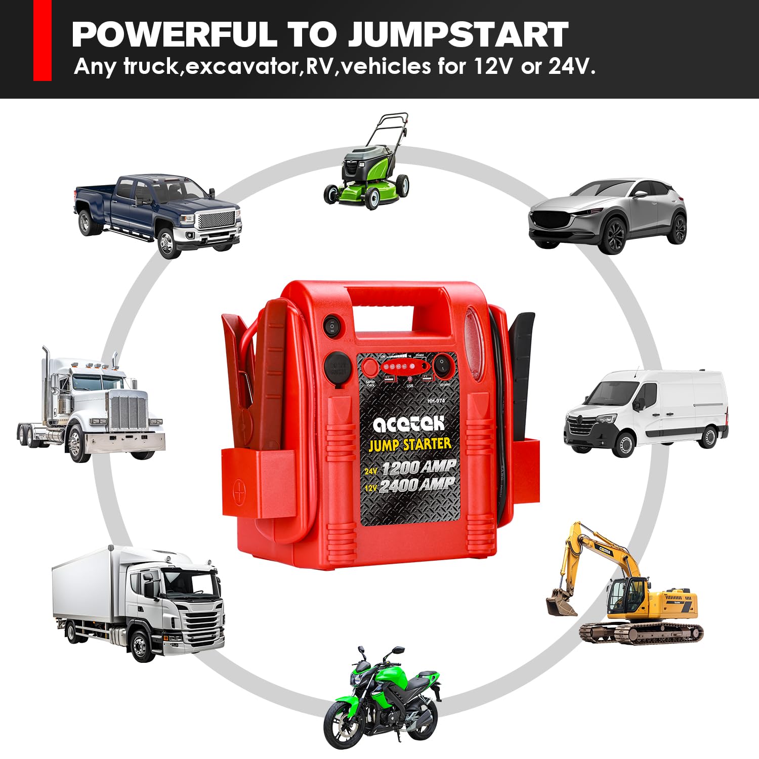 acetek 12V/24V Jump Starter - 2400/1200 Peak Amp Heavy Duty Battery Pack for Truck, Car, Tractor, Excavator, Model HH974