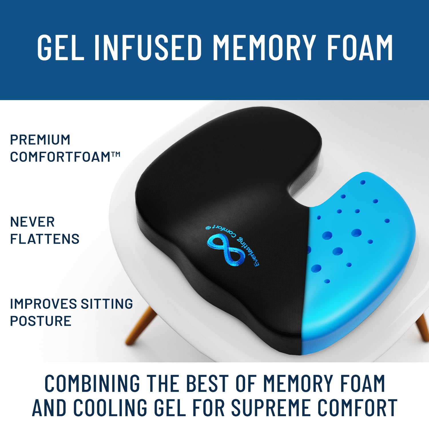 Everlasting Comfort Luxe Gel Infused Seat Cushion - Large Black Memory Foam for Tailbone Pain Relief