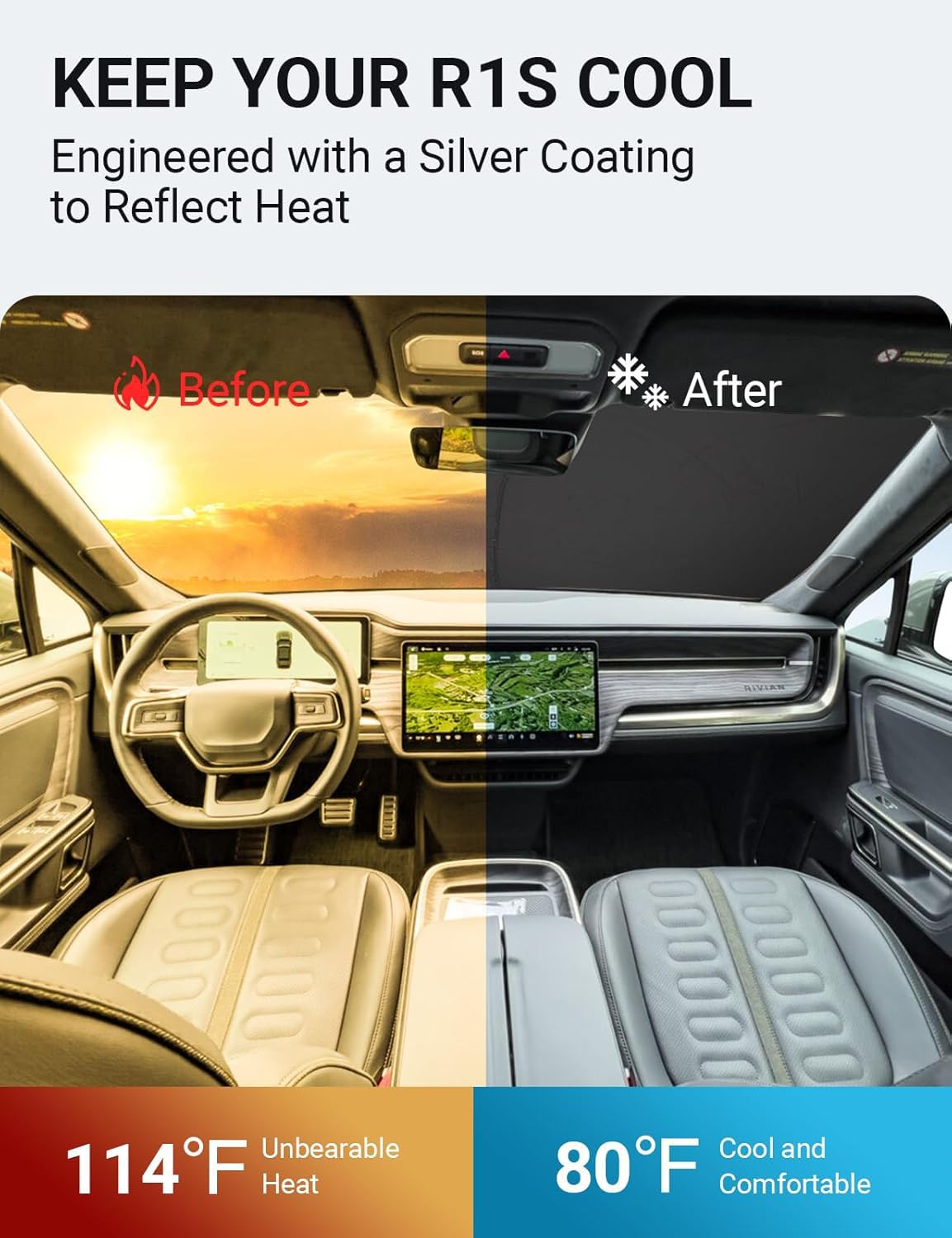 Proadsy 2025 Upgrade Windshield Sunshade Custom Fit 2022 2023 2024 2025 Rivian R1S Suv Reflective Heat Sun Uv Protector Foldable