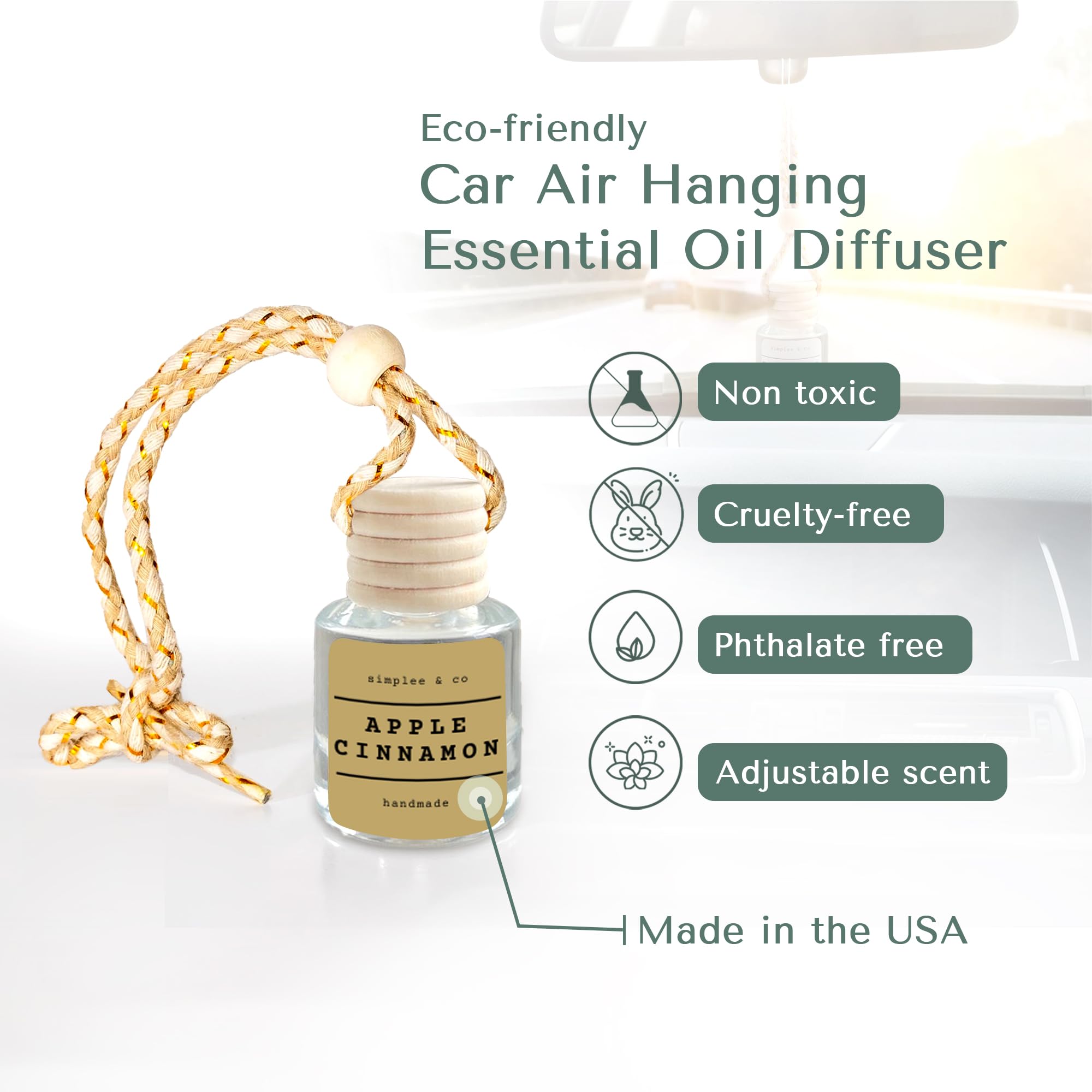 Apple Cinnamon Car Air Hanging Essential Oil Diffuser, Car Air Freshener with Essential Oils, Aromatherapy Vehicle Diffuser, Lon