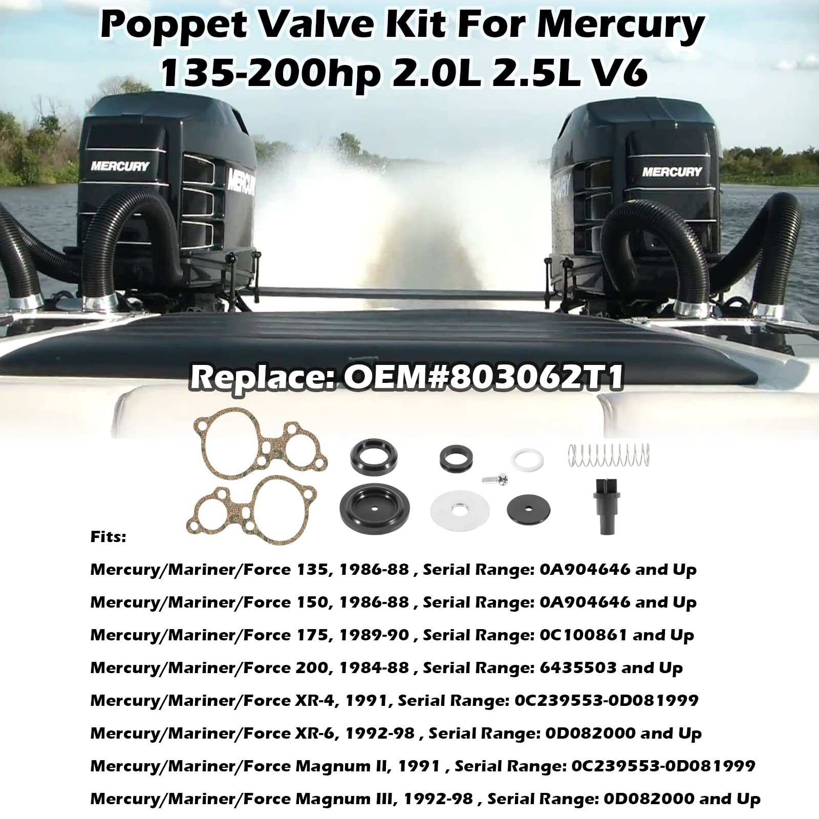 803062T1 Poppet Valve Kit Fit for Mercury 135-200hp 2.0L 2.5L V6, for Magnum II Magnum III XR4 XR6 V135 V150 V175 V200 Replace O