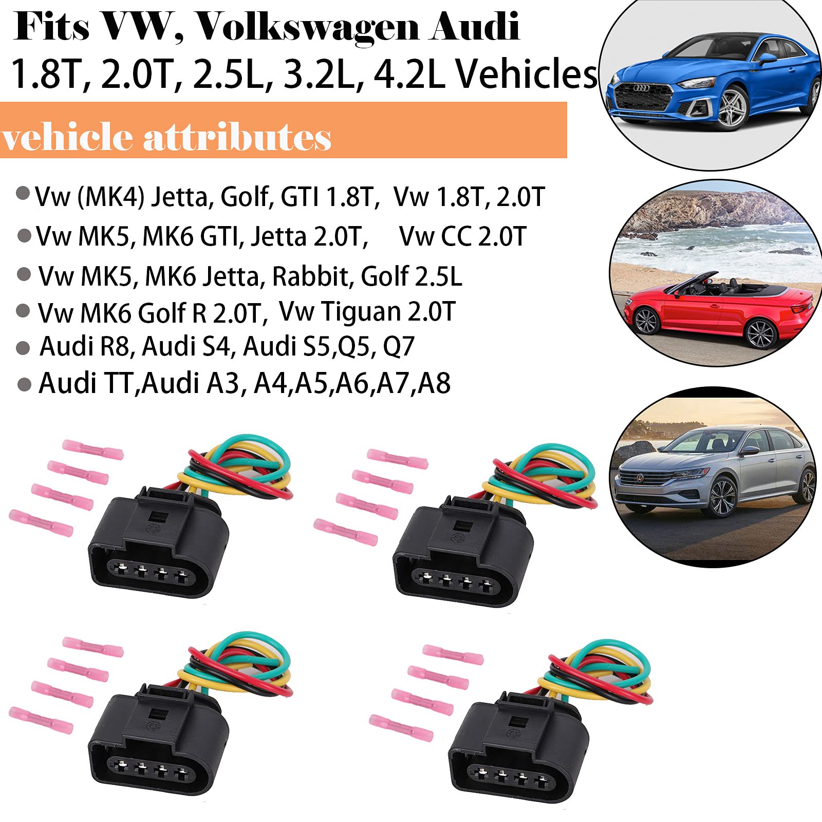 Danbojit Vw Ignition Coil Connector Plug Harness, Model 1J0973724, Copper, 4 Pack with 16 Heat Shrink Butt Connectors for Audi/VW