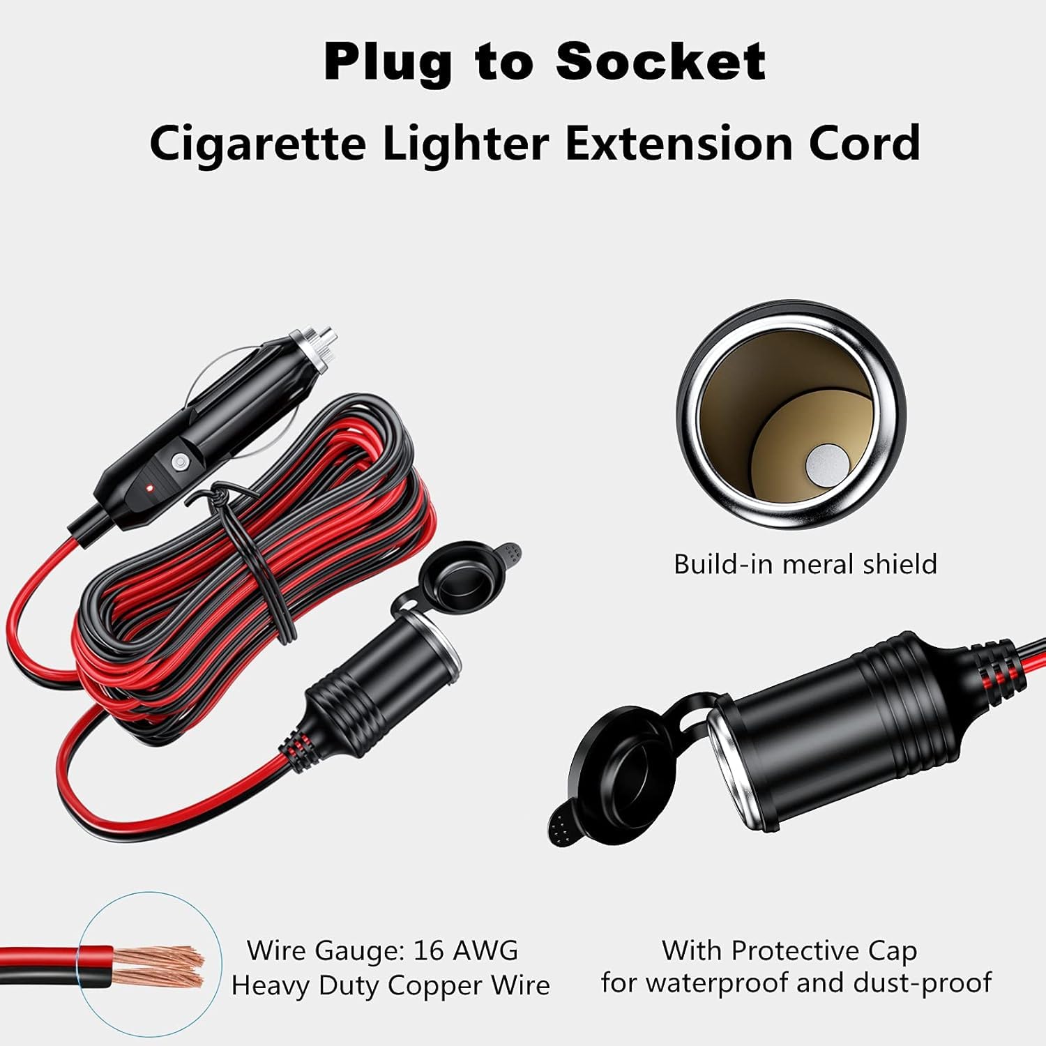 KEWIG 12/24V Car Cigarette Lighter Extension Cord - 13FT Cigarette Lighter Plug Cable- 16AWG Heavy Duty Extension Cable with 15A