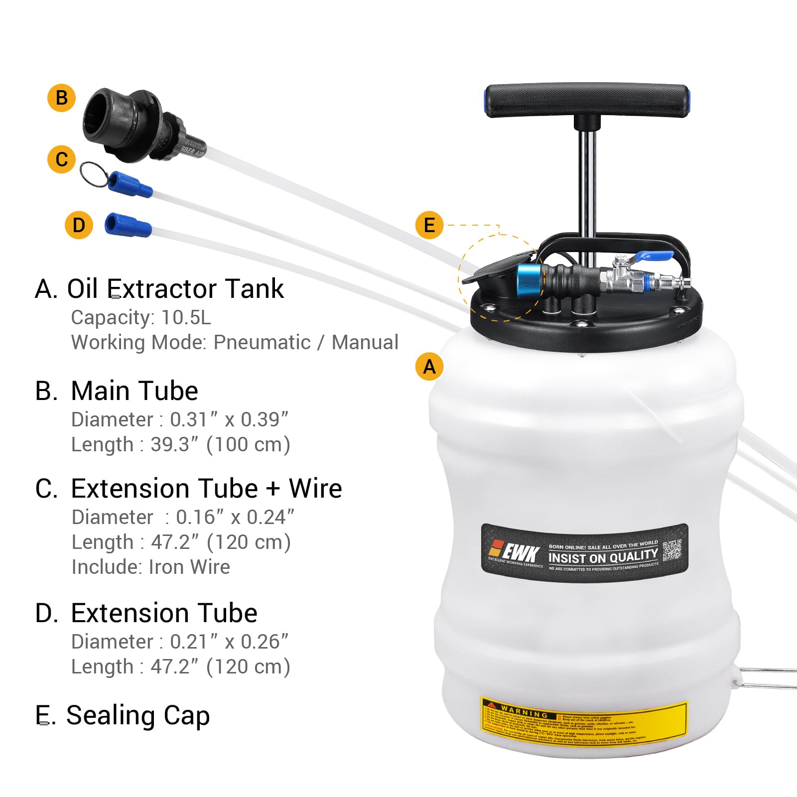 EWK 10.5L Pneumatic/Manual Oil Extractor Pump for Automotive Fluids Vacuum Evacuation