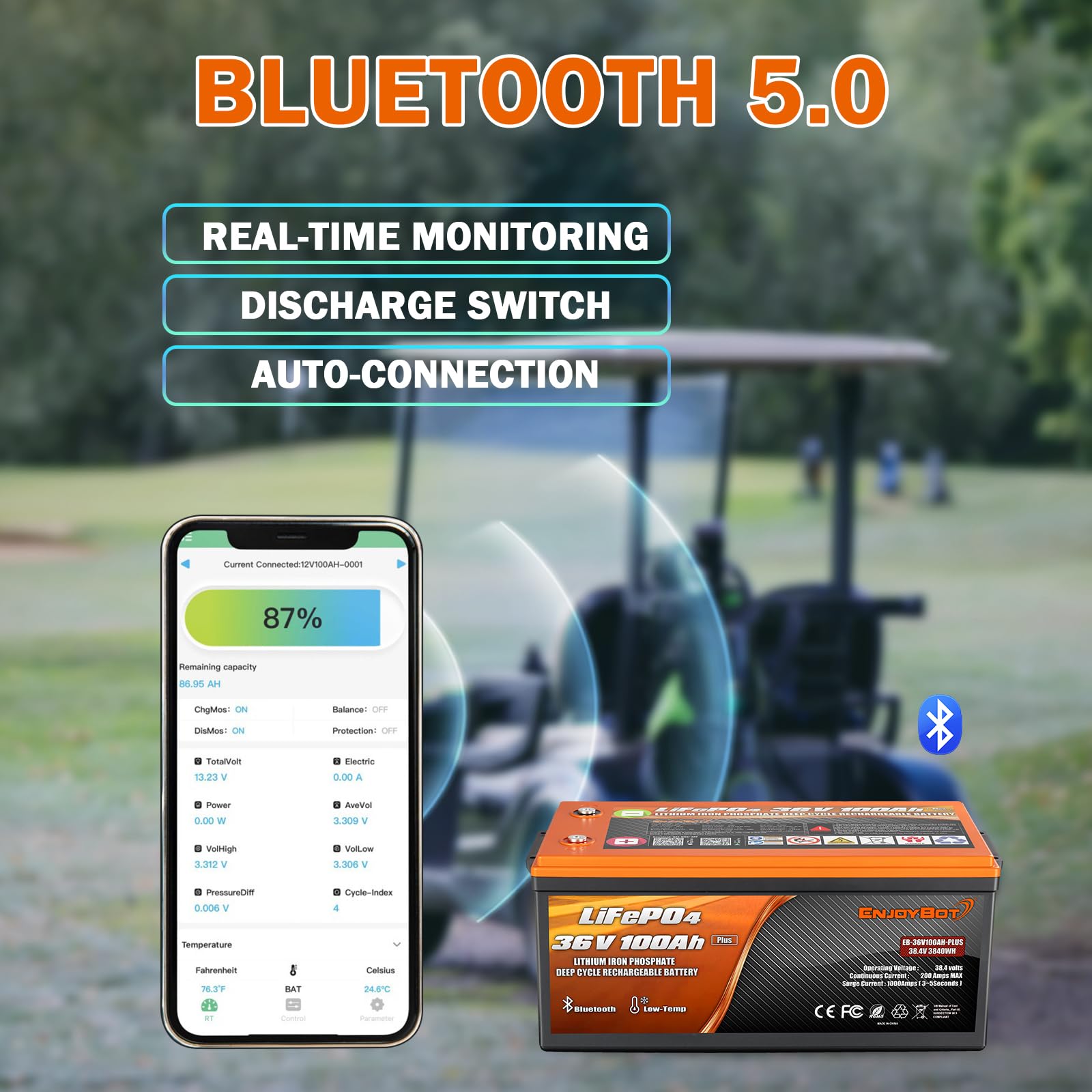 Enjoybot 36V 100Ah Plus Lithium Golf Cart Battery Kit with 200A BMS, Bluetooth, Low Temp Cut-Off, 6000+ Cycles