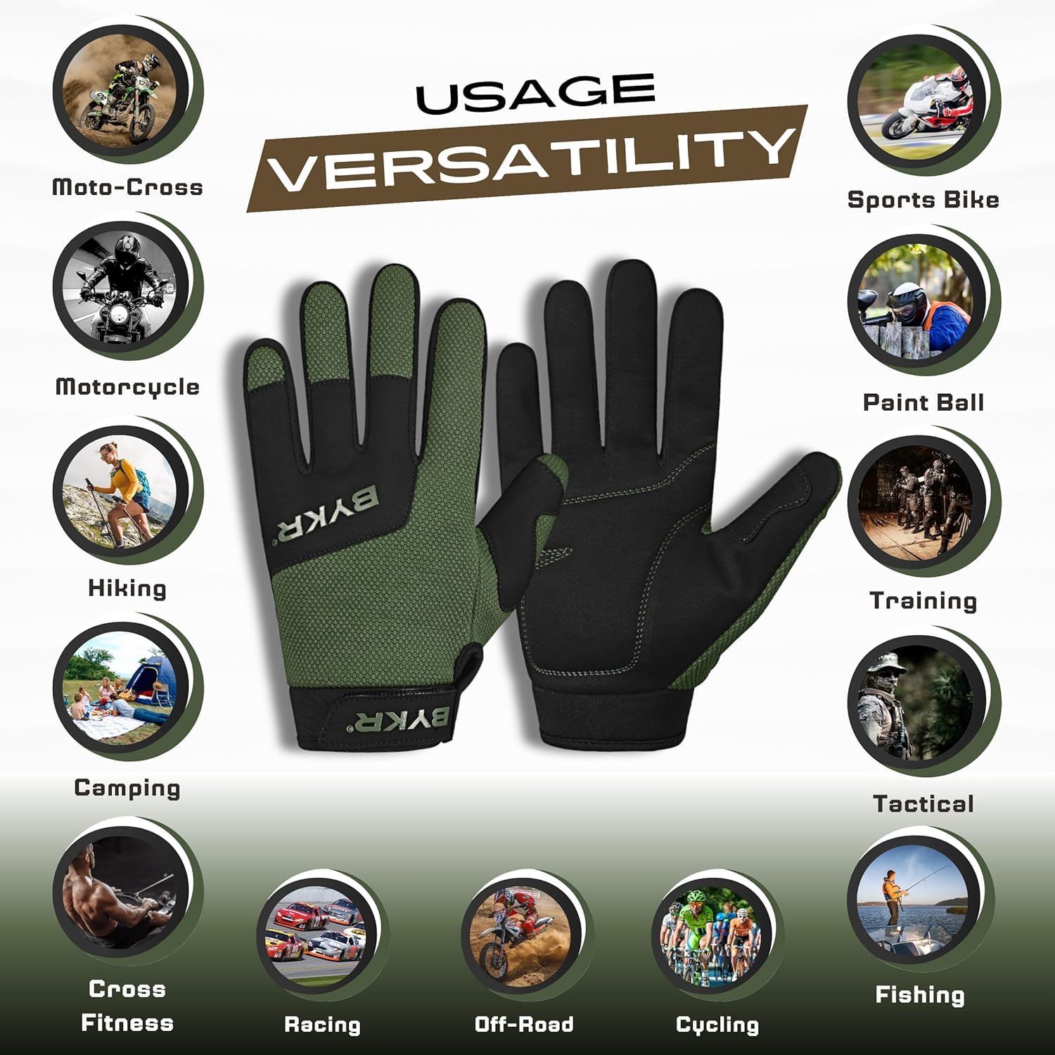 Bykr All-Weather Motorcycle Gloves For Men & Women - Protection For Dirt Bike, Bmx, Mx, And Atv Riding - Mil Green L