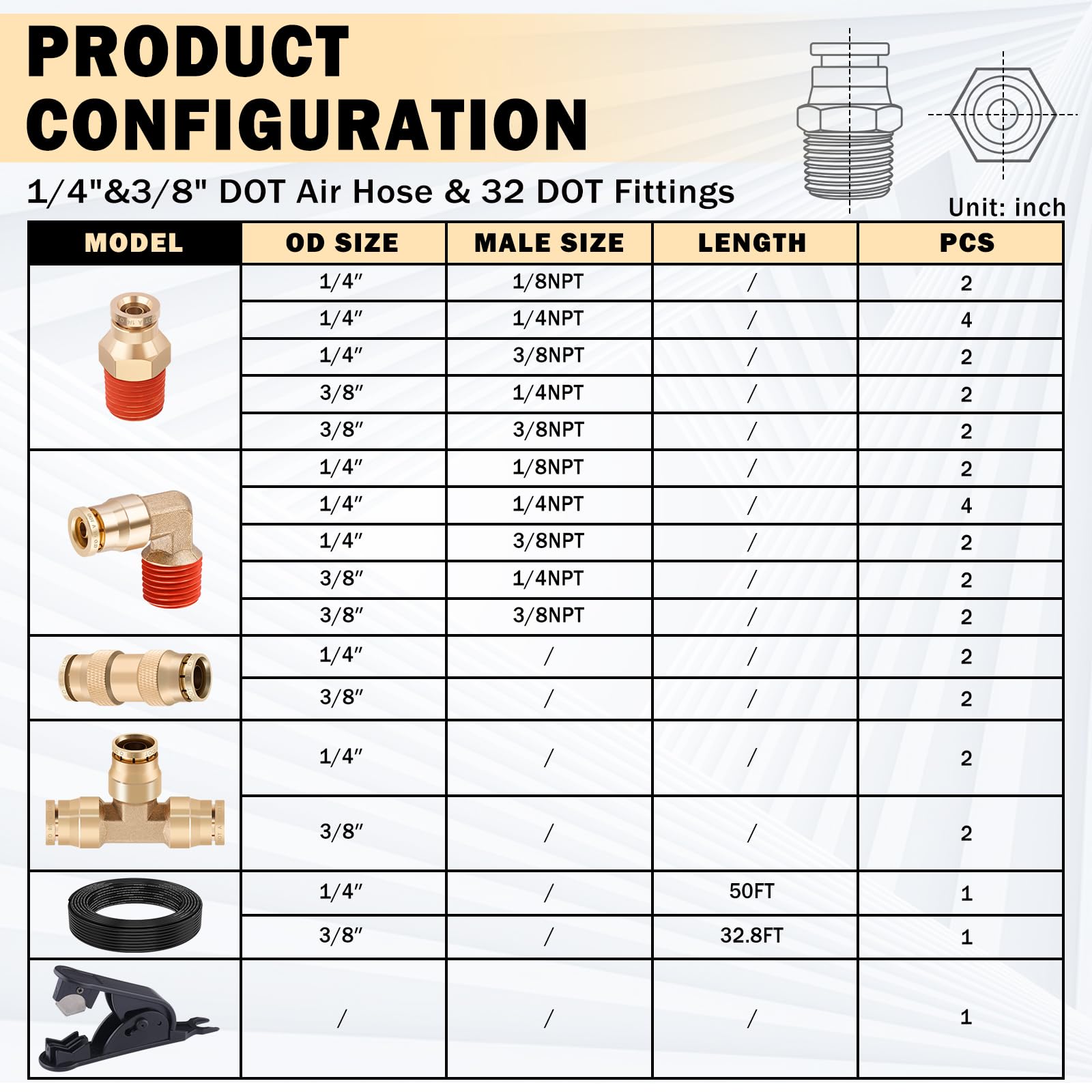 Cheemuii 32 Pcs Brass Dot Air Line Fittings With 50 Ft 1/4'' And 32.8 Ft 3/8'' Dot Air Lines Kit 3/8'' 1/2'' Npt Thread & Quick