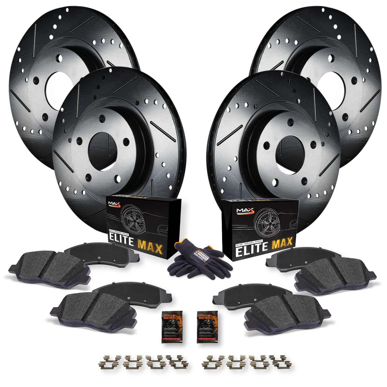 Max Advanced Brakes Front & Rear Brake Kit For 2014-2018 Mazda 3 2014-2018 Mazda 3 Sport Mexico Built Replacement Drilled Slotted Black Coated Disc Brake Rotors And Ceramic Brake Pads