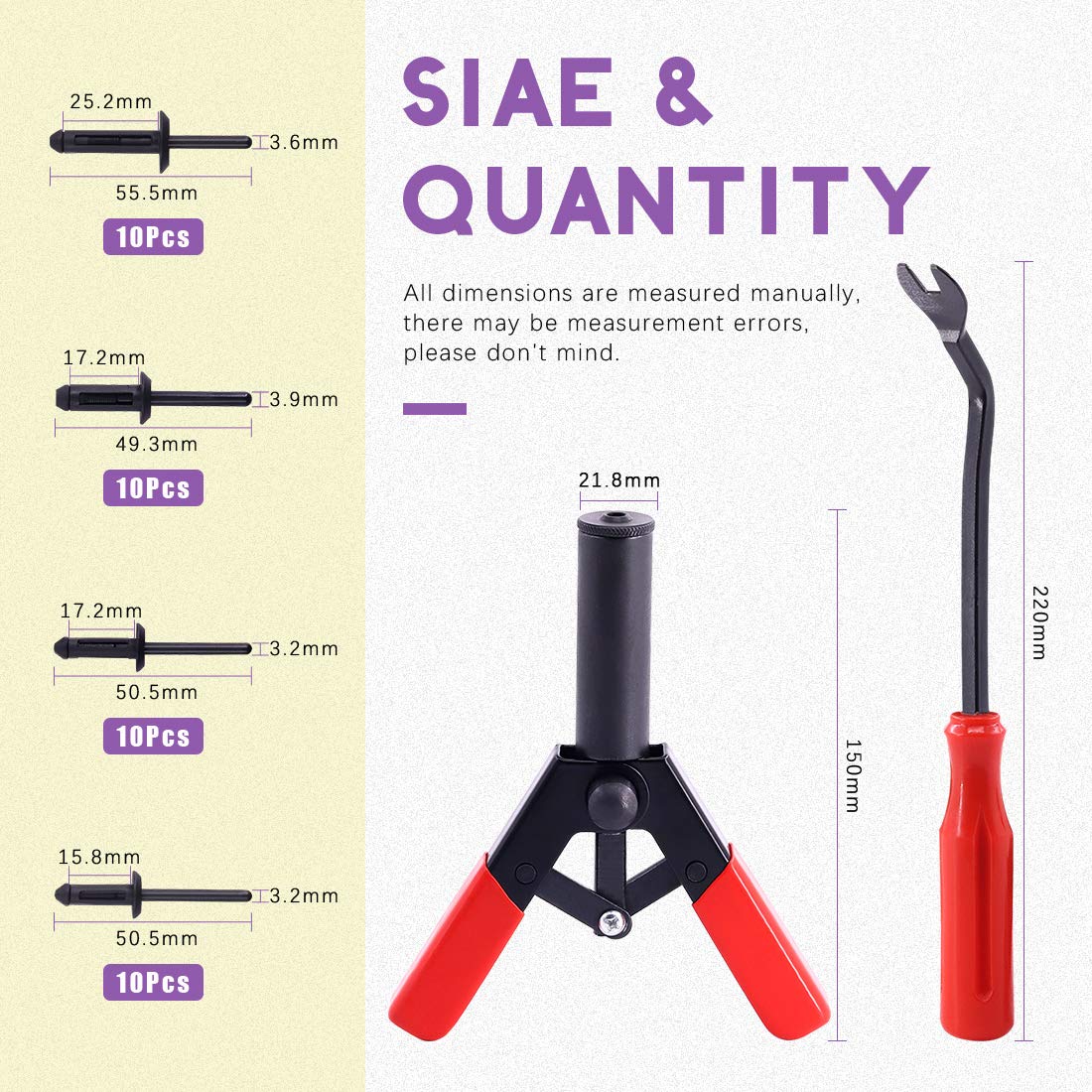 Swpeet 41Pcs Poly Rivet Gun Set With 1Pcs Rivet Removal Tool, Poly Rivet Tool For All Plastic Rivets Safe Metal Or Plastic Clips Removal - Free Fastener Remover Included