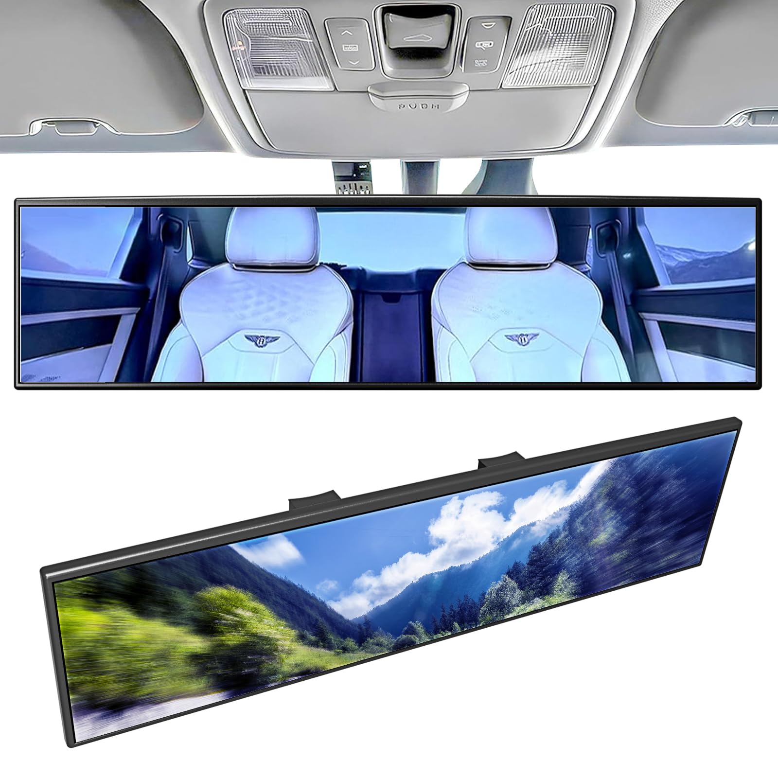 Broadway Car Rear View Mirror HD Anti Glare Universal 12 Inch large Field of View Panoramic Rearview Mirror with Wide Angle Blue Tint for Car SUV and Truck
