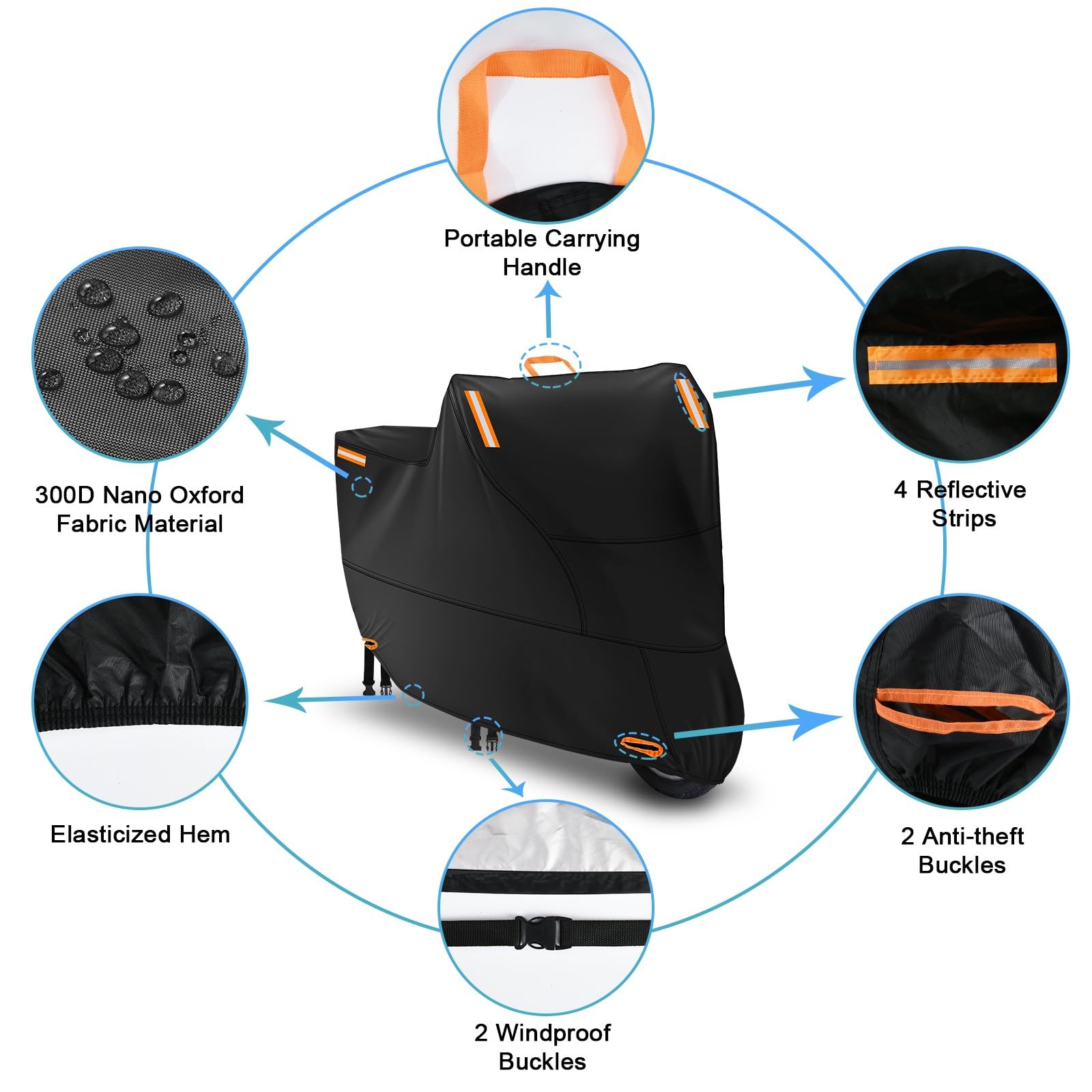 Motorbike Cover Waterproof Outdoor, Motorcycle Scooter Moped Cover Sun Rain Dust Protection with 4 Reflective Strips and 2 Windp