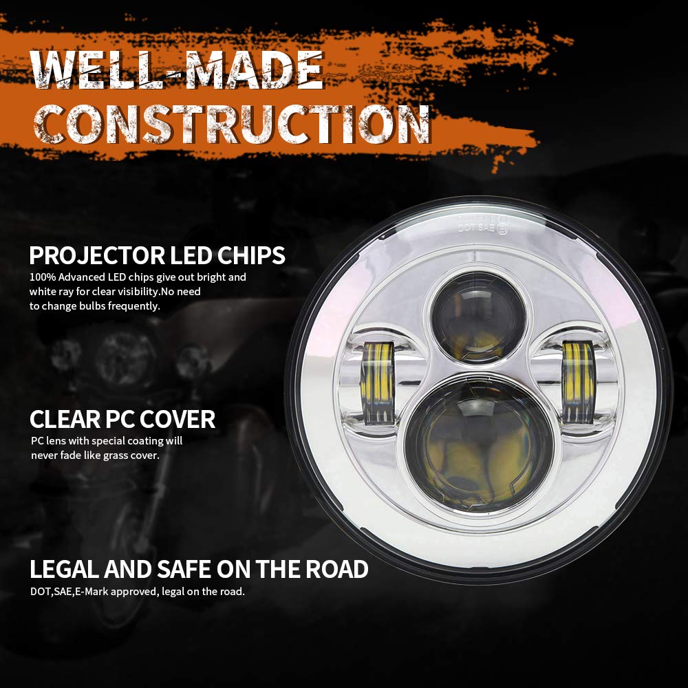 BICYACO DOT 7 Inch Motorcycle LED Headlight Headlamp Compatible with Harley Davidson Electra Glide Street Glide Fat Boy Road Kin