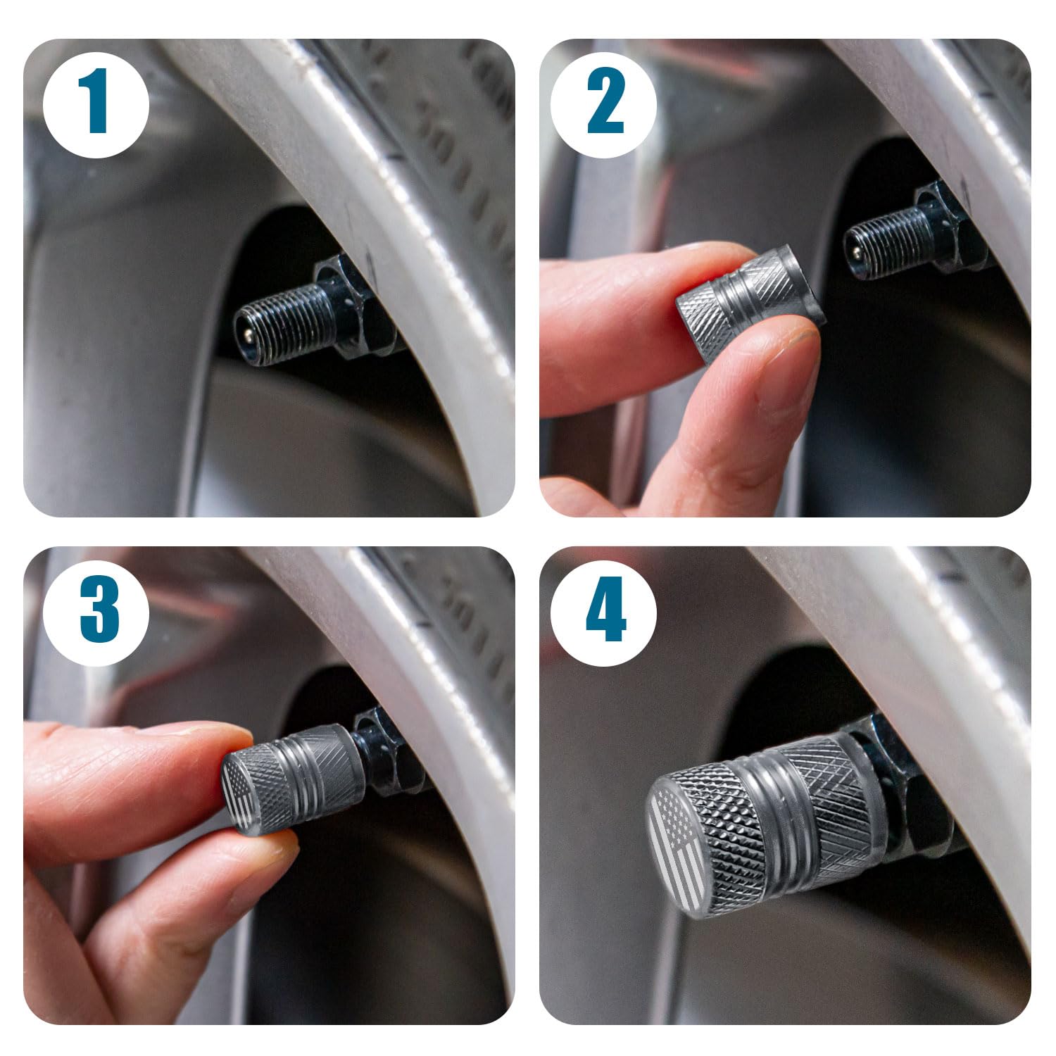 Tire Valve Stem Caps - 4 Pack Anti-Corrosion Premium Anodized Alloy Tyre Air Valve Caps American Flag For Car Suv Bike Grey