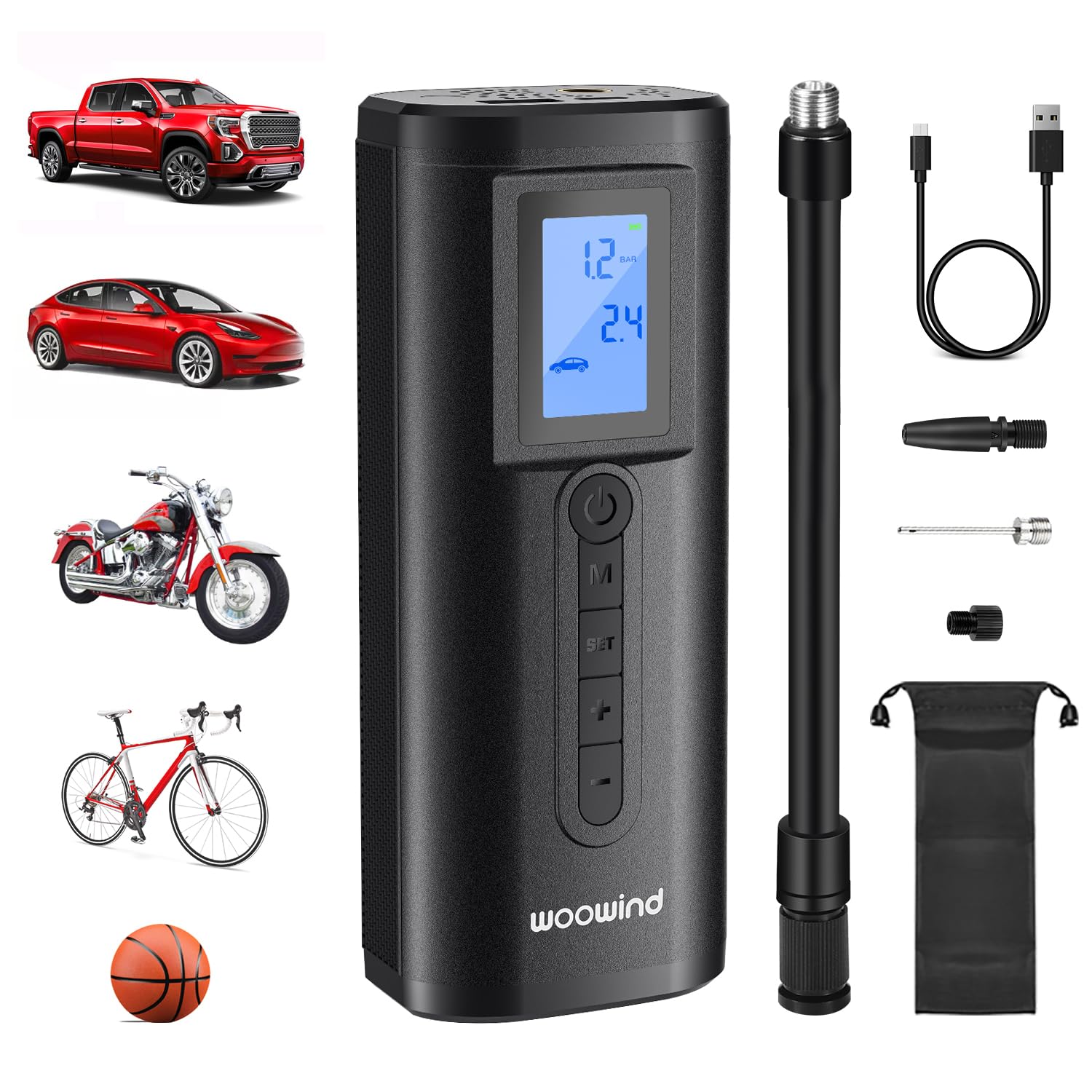 Woowind Ap2-P Tire Inflator Portable Air Compressor 150Psi Air Pump For Car Tires, Bike Pump, Auto Stop, Quick Inflation For Car Owners, Cyclists