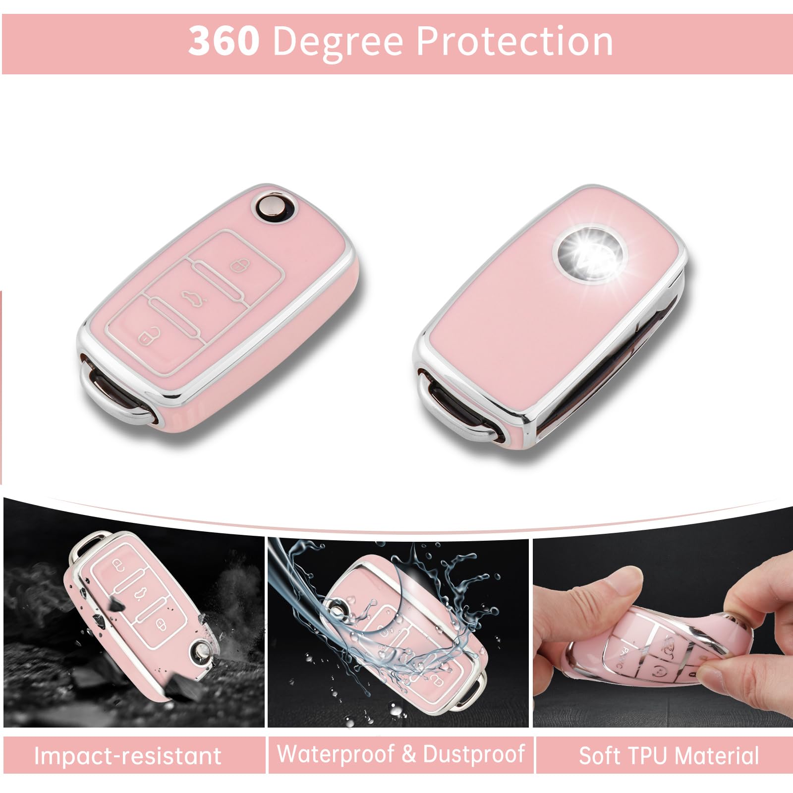 Pangpai Pink Key Fob Cover for VW Volkswagen,Soft TPU Key Case Protection with Bling Keychain Fit for Jetta Golf Polo MK6 Passat