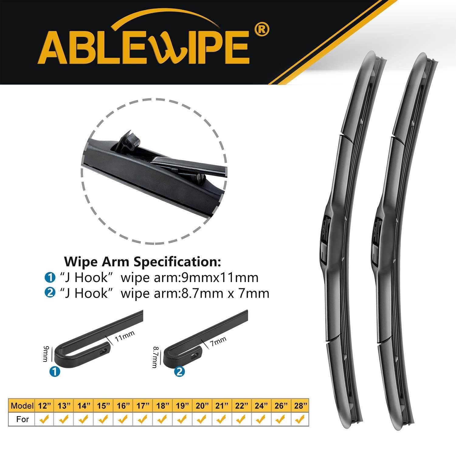 Ablewipe Windshield Wiper Baldes, 16 Front Window Wiper Blades Model: 18O13B (1 Piece)