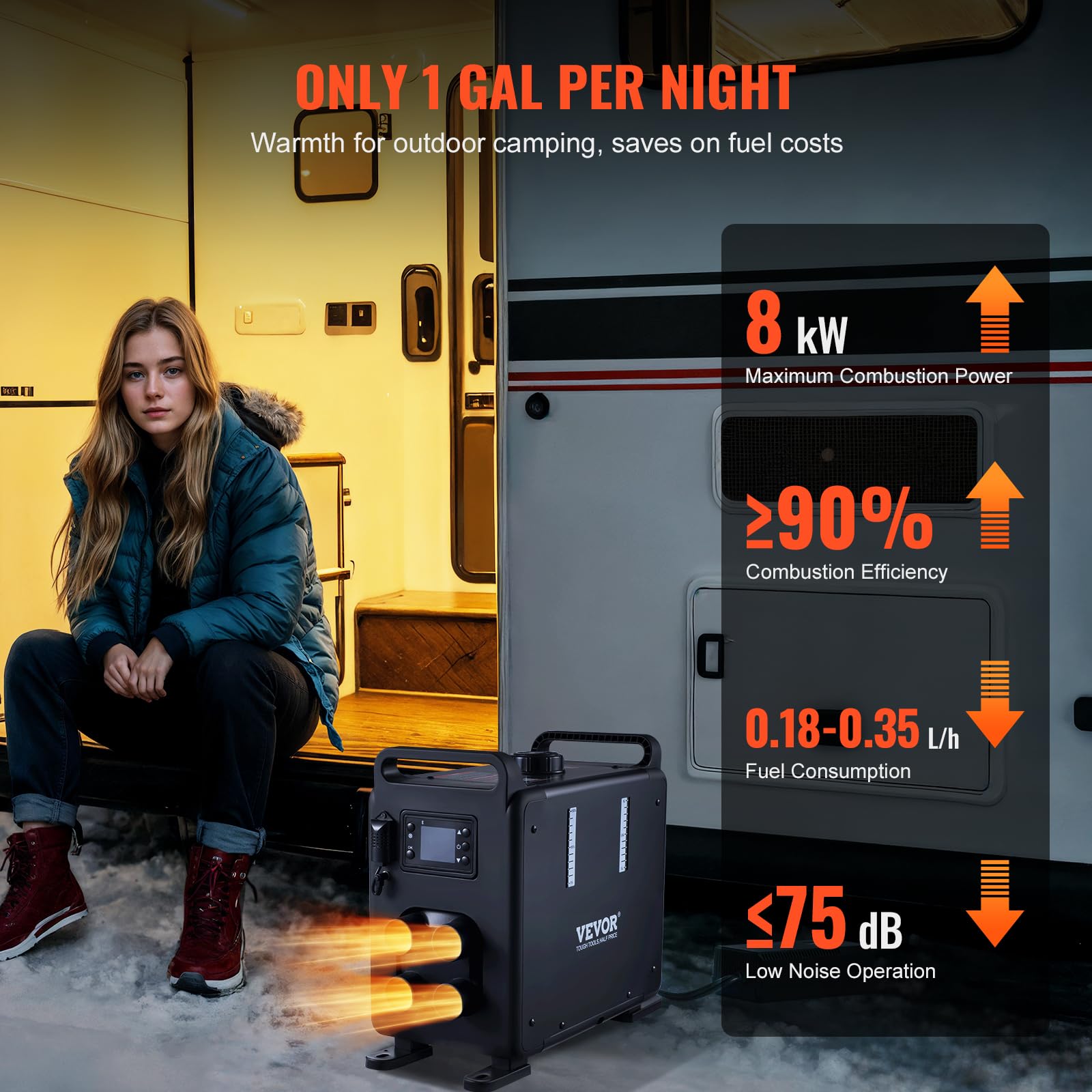 VEVOR 8KW Diesel Air Heater, 12V/24V, Bluetooth Control, CO Alarm, Portable, Black, Model CY5002