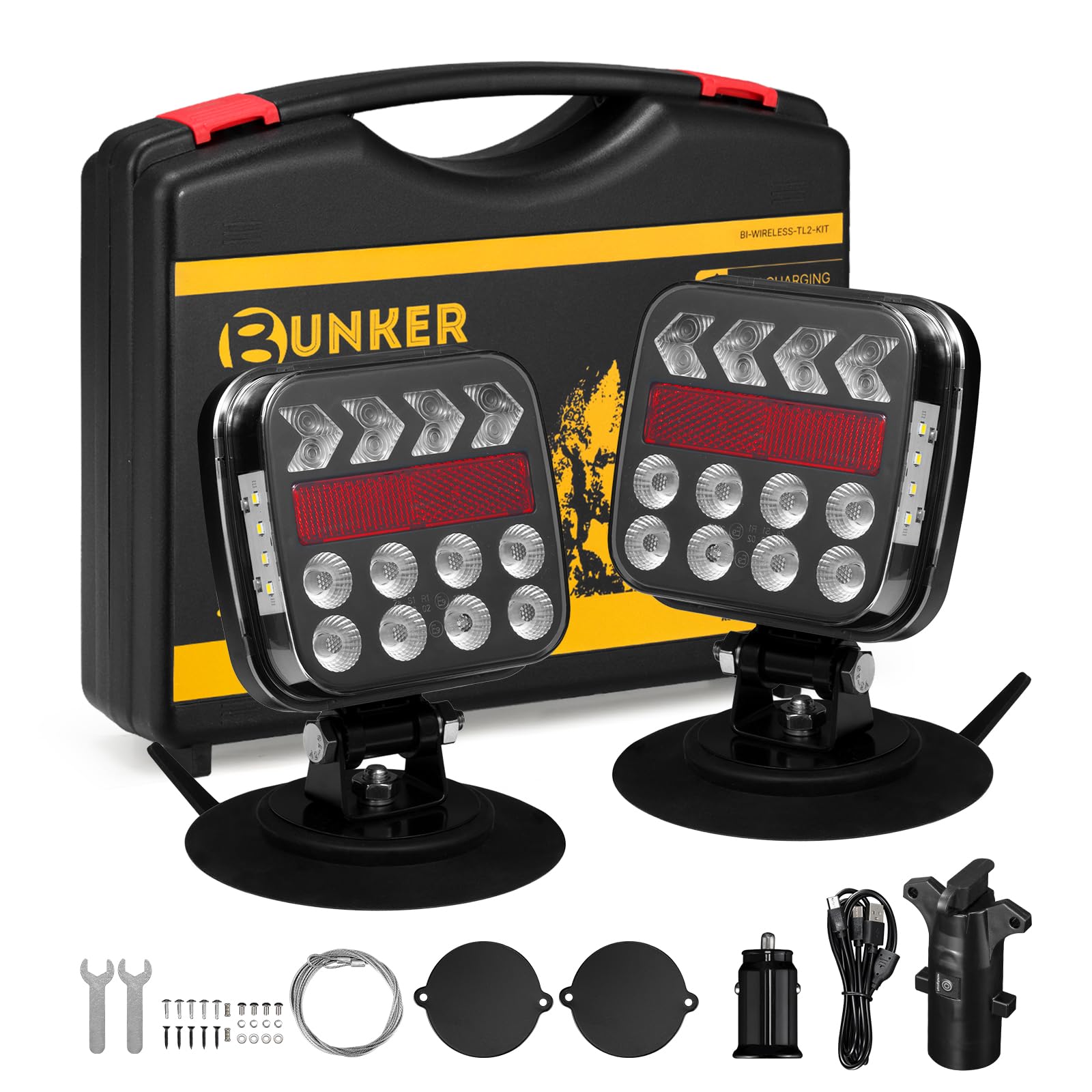 BUNKER INDUST Wireless Trailer Lights Kit, Adjustable Magnetic Towing Lights with Brake Turn Reverse Strobe Side Number Plate Li