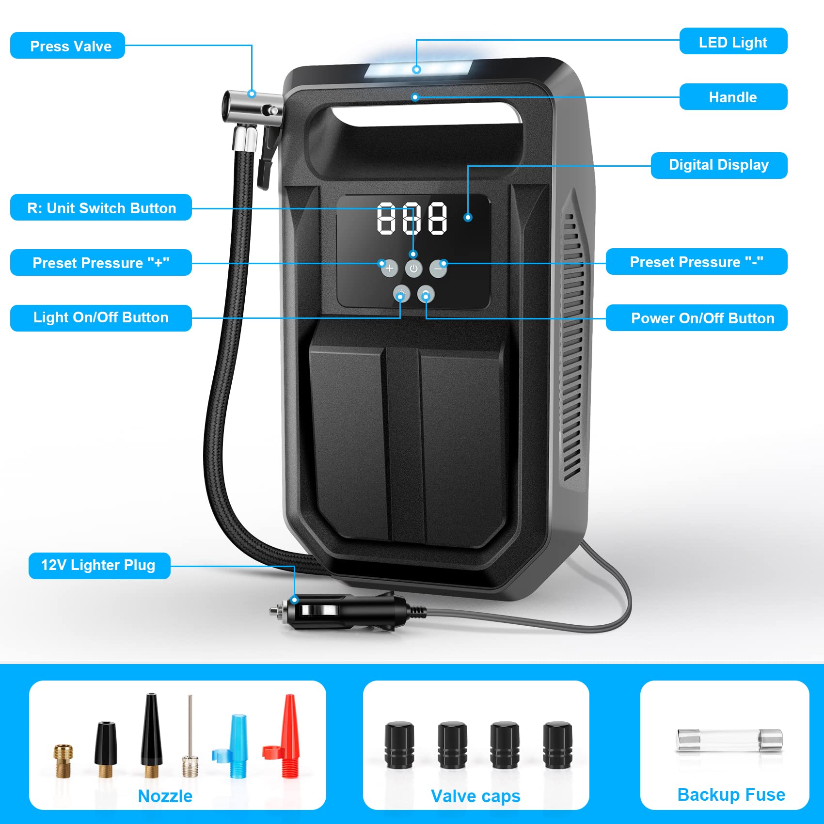 FBK Portable Tire Inflator Air Compressor - 12V DC, Digital Gauge, Emergency LED Light, Black, Model ST-07