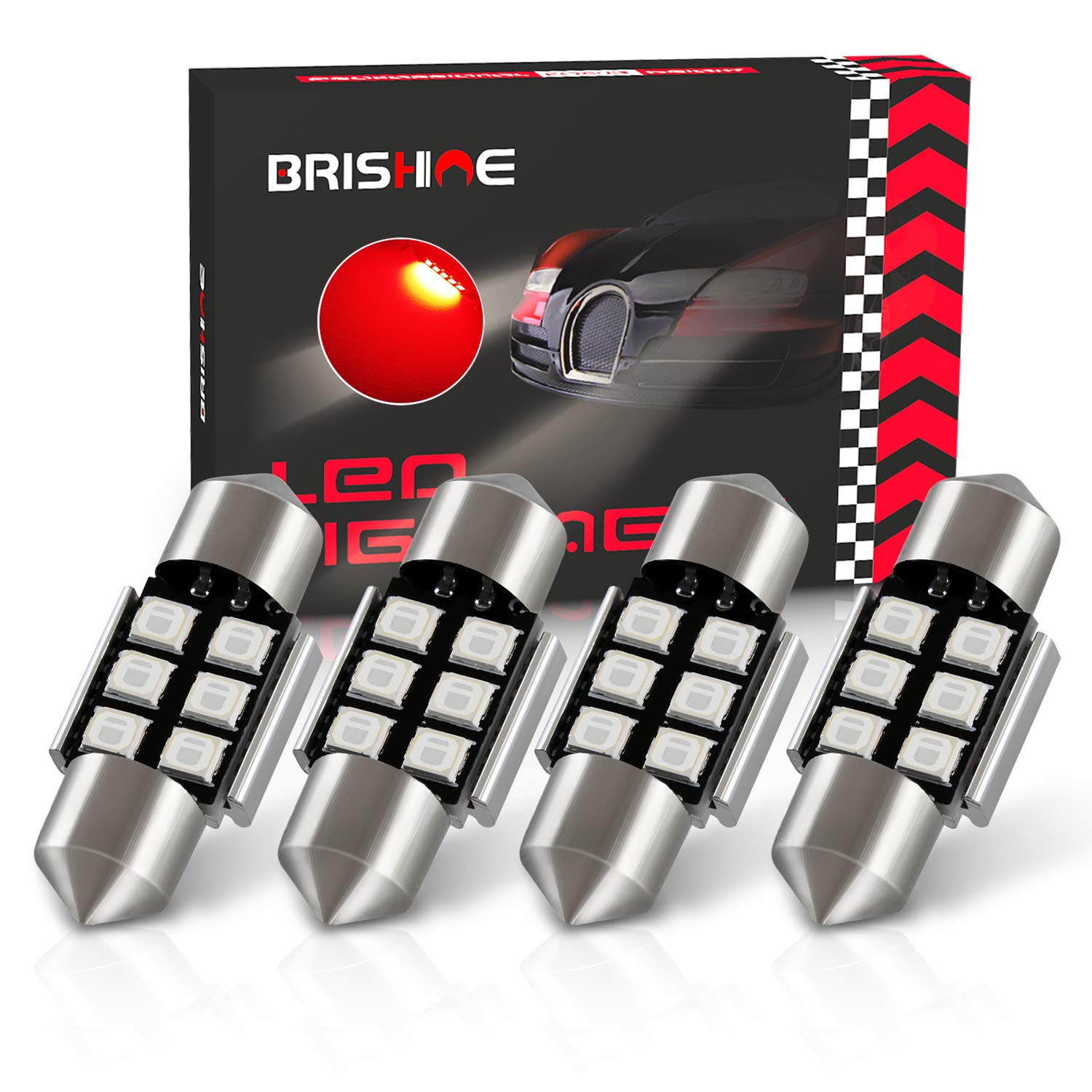 Brishine De3175 Led Bulbs, Super Bright Brilliant Red 2835 Chipsets Canbus Error Free 31Mm 1.25    Festoon De3021 De3022 3175 64