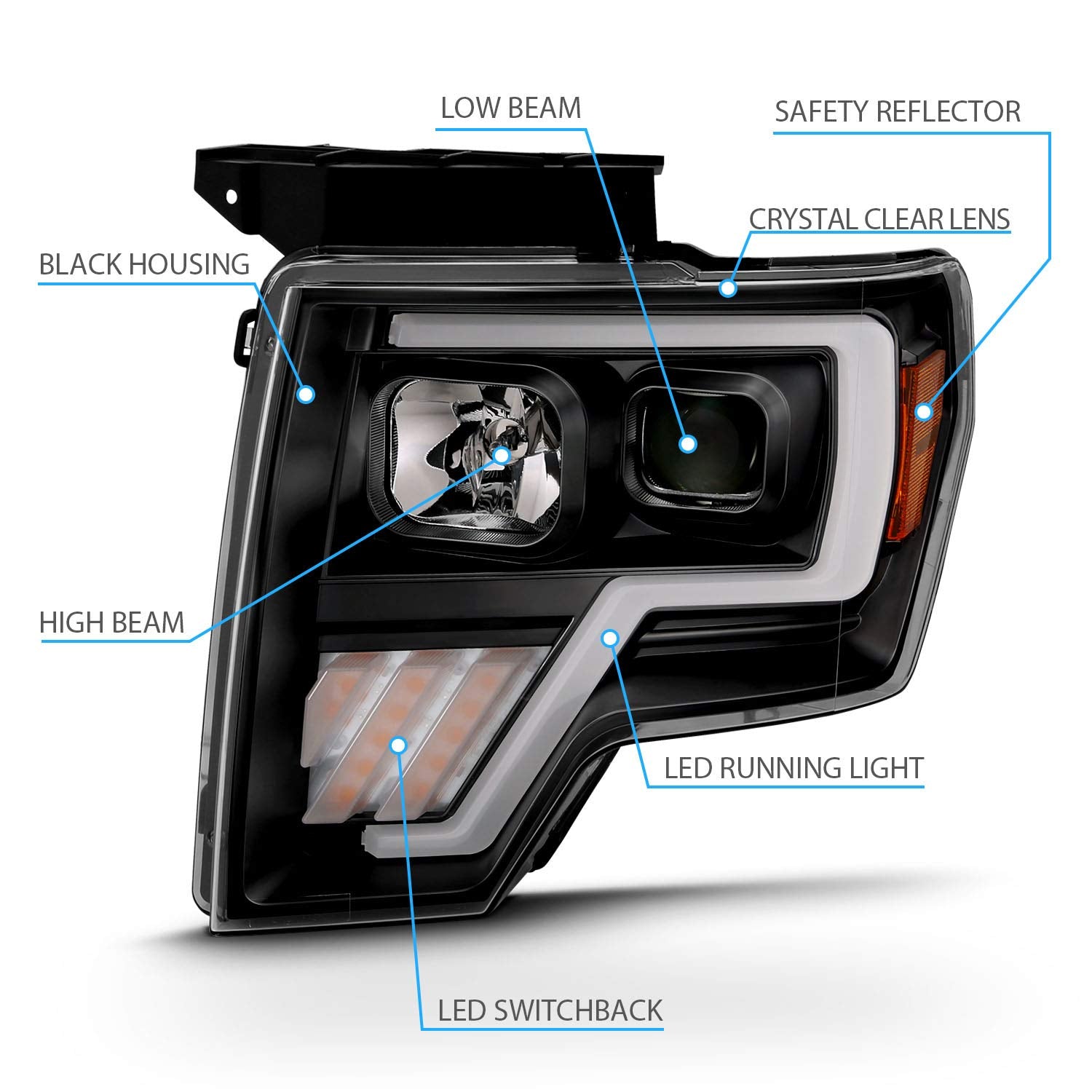 AmeriLite Replacement Headlights - Switchback LED, Halogen, Quad Projector Set for 2009-2014 Ford F150, Driver & Passenger Side, Black LED Tube
