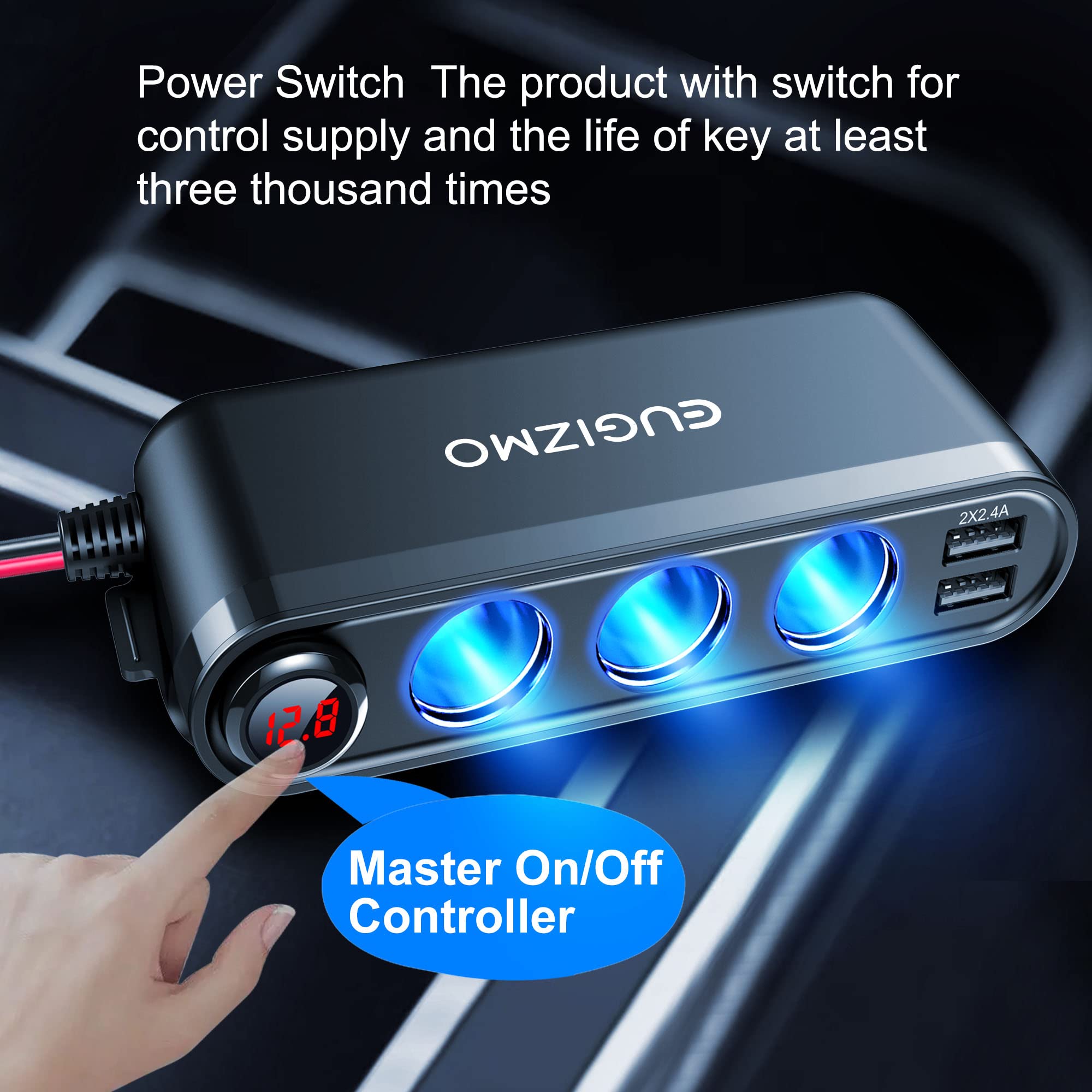 Eugizmo 12V Cigarette Lighter Socket Splitter, 200W, 3 Ports, USB Charger, Black, Model EP68AD